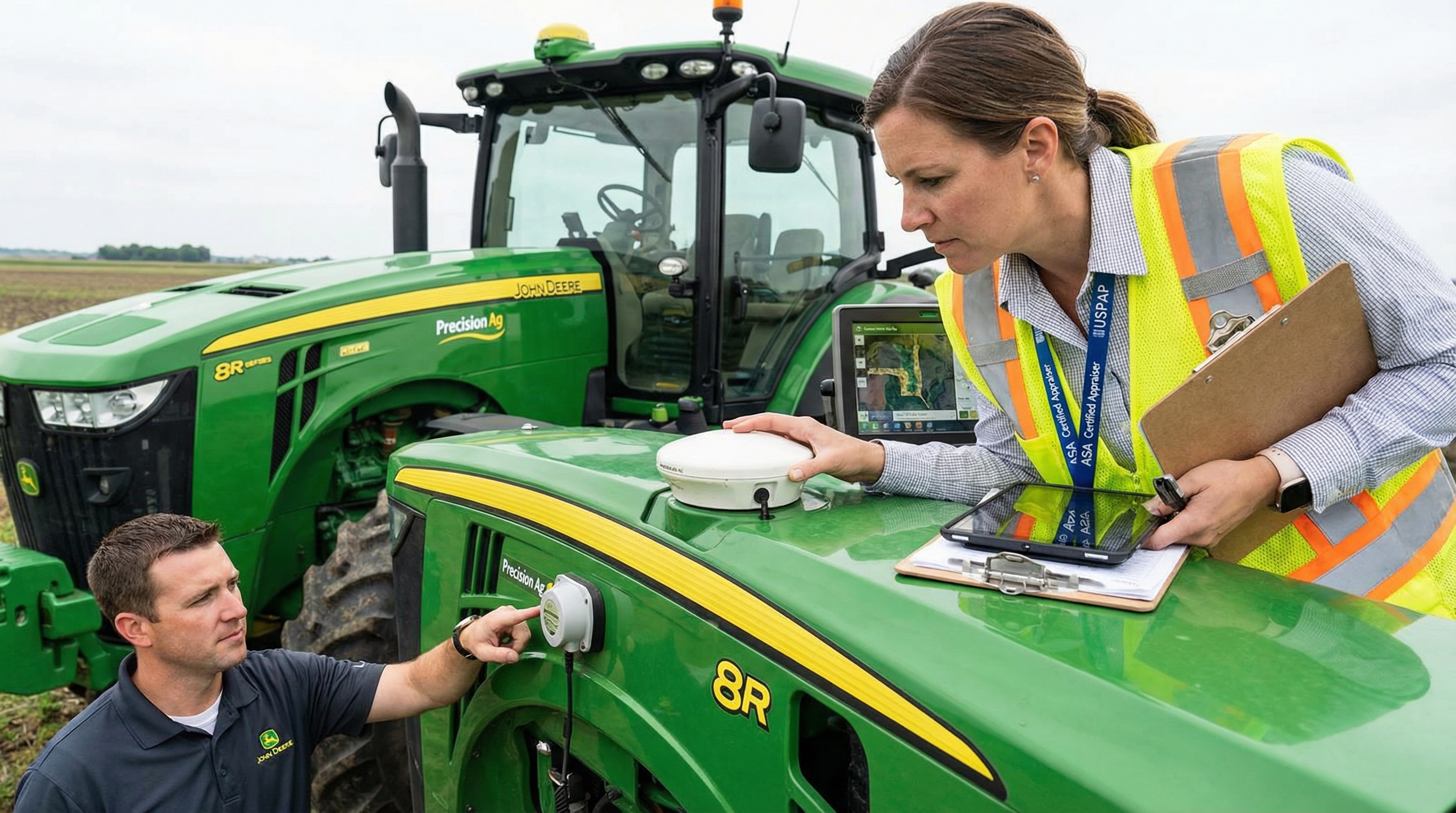 Professional appraiser with credentials and certifications examining a modern tractor with advanced GPS and precision agriculture technology