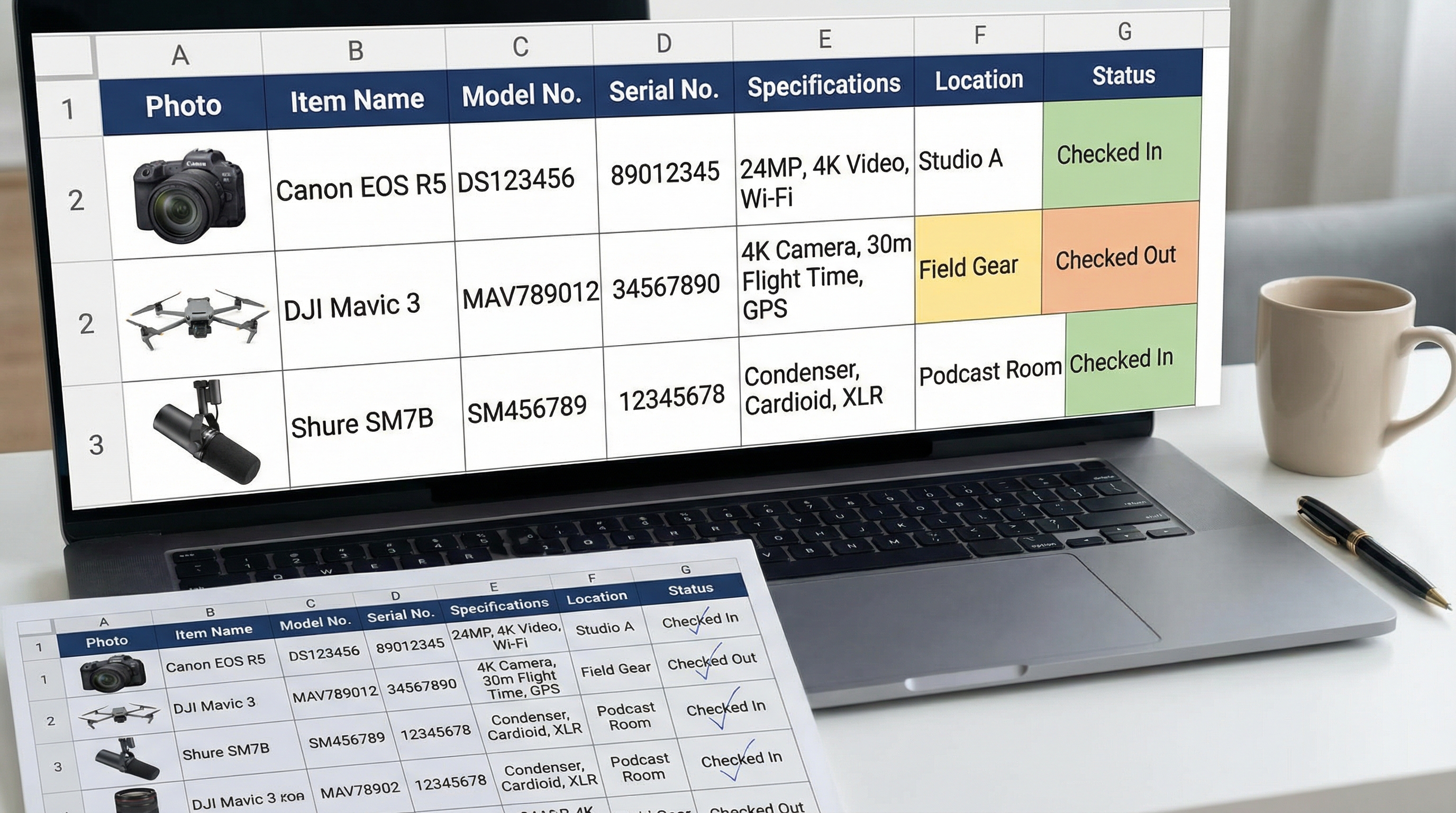organized spreadsheet showing equipment inventory with photos and specifications