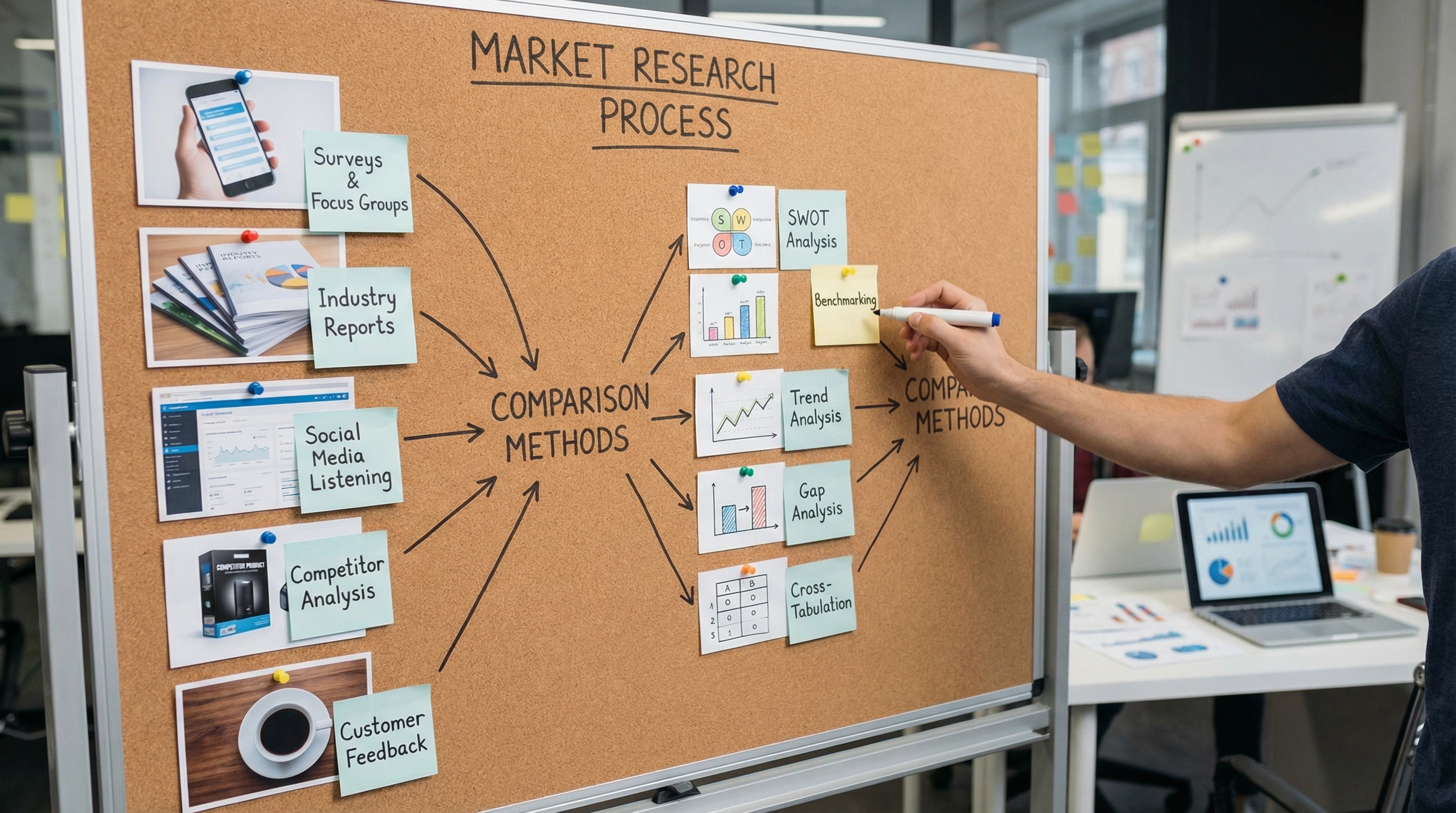 market research process showing various data sources and comparison methods