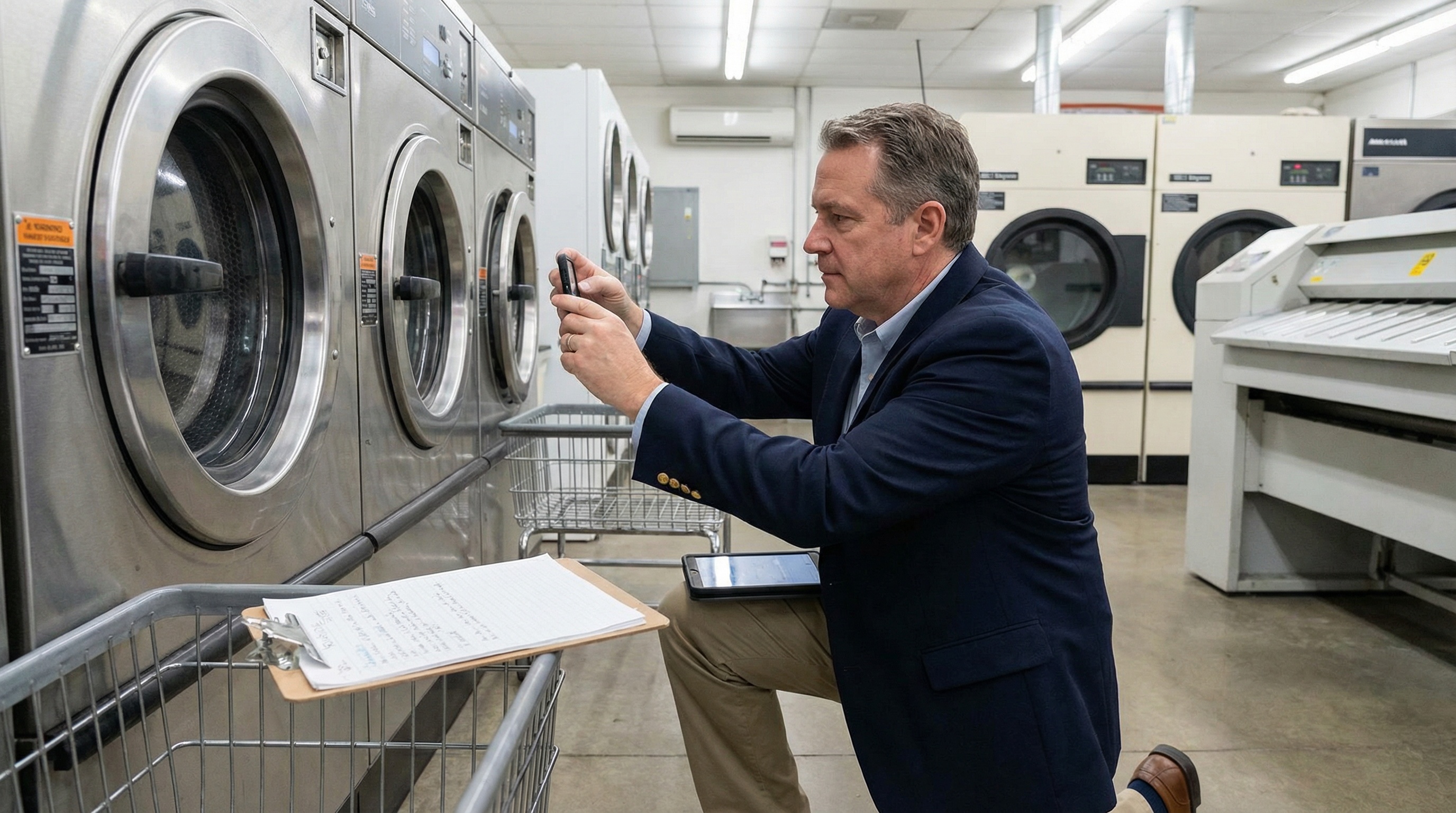 Professional appraiser taking photos and notes of laundry equipment serial numbers