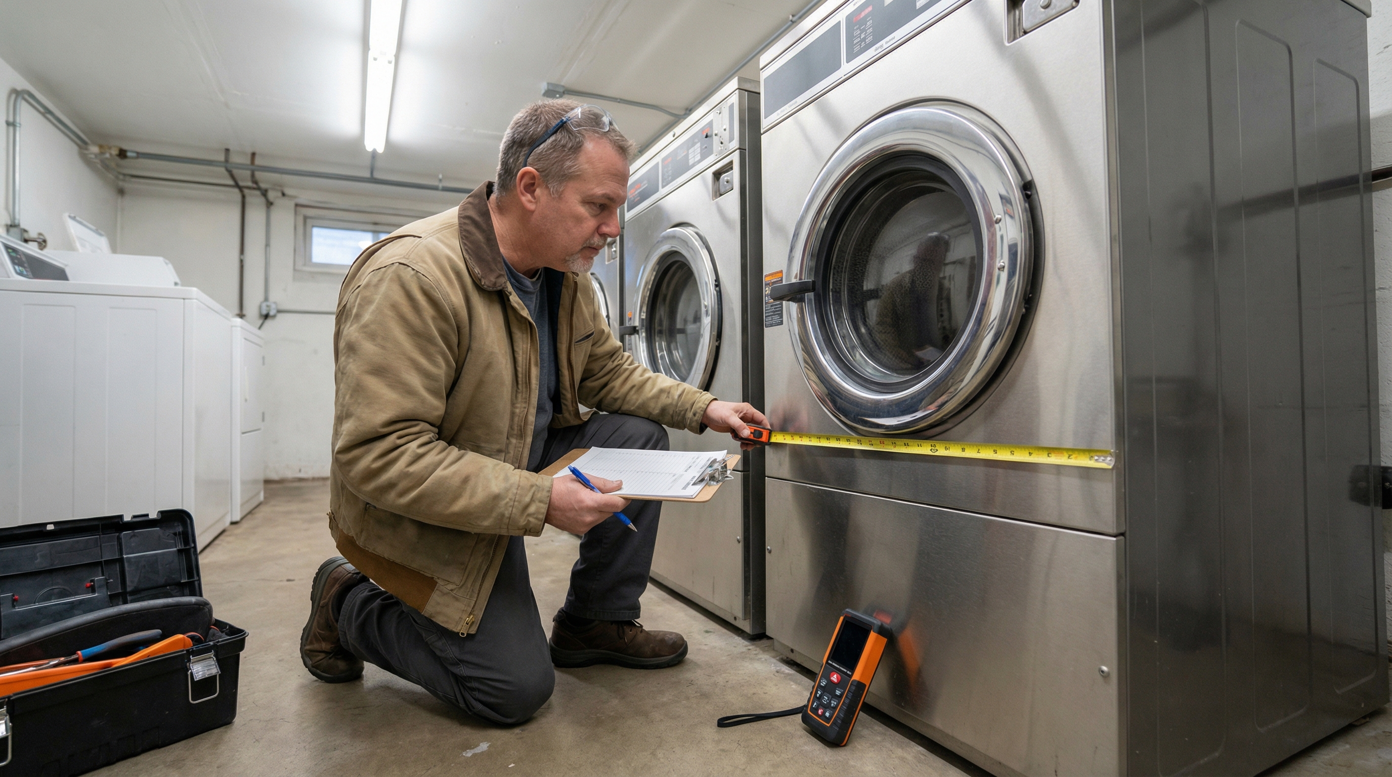 Appraiser inspecting commercial washing machine with clipboard and measuring tools