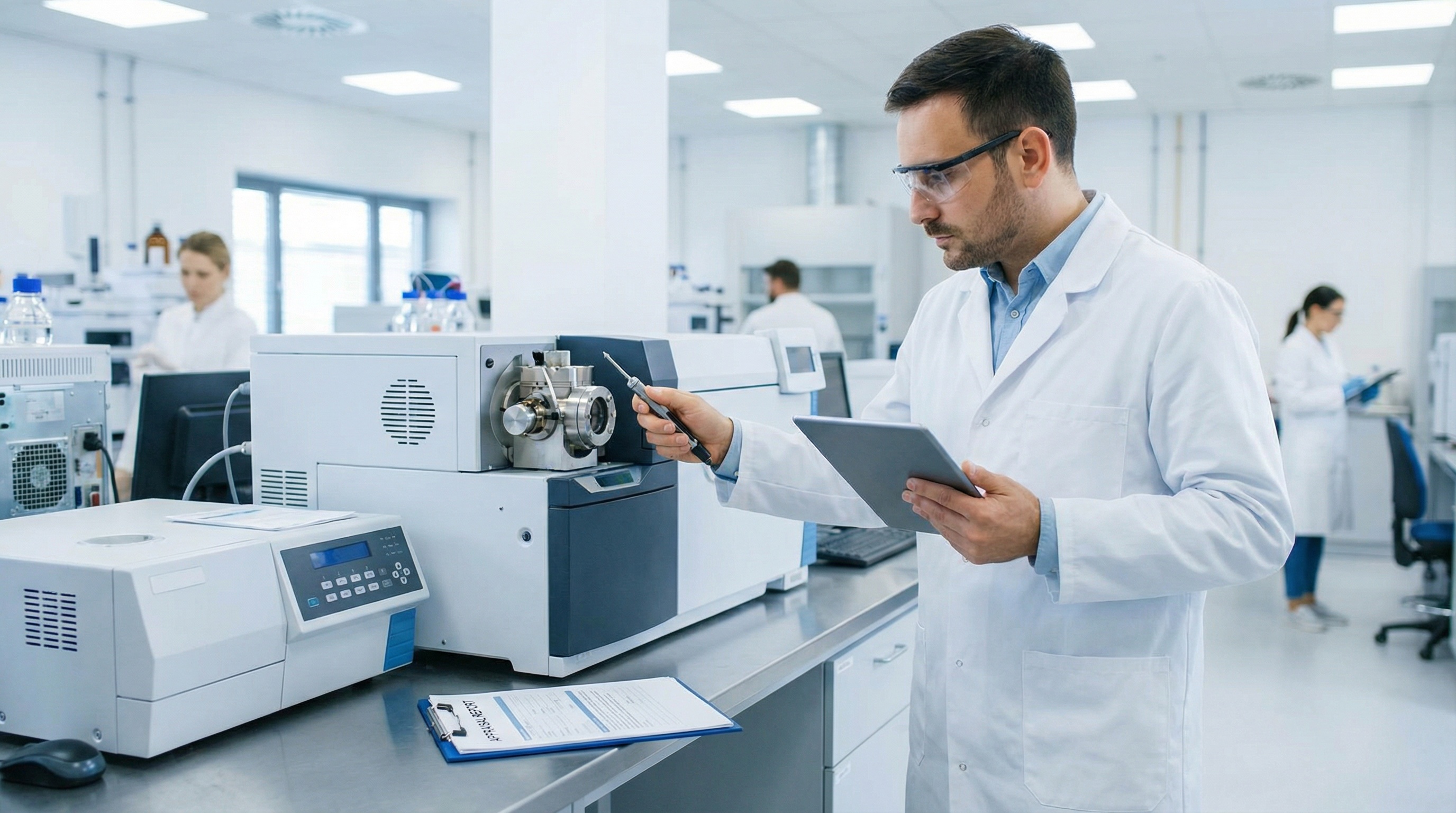 Professional inspector examining scientific laboratory instruments during appraisal