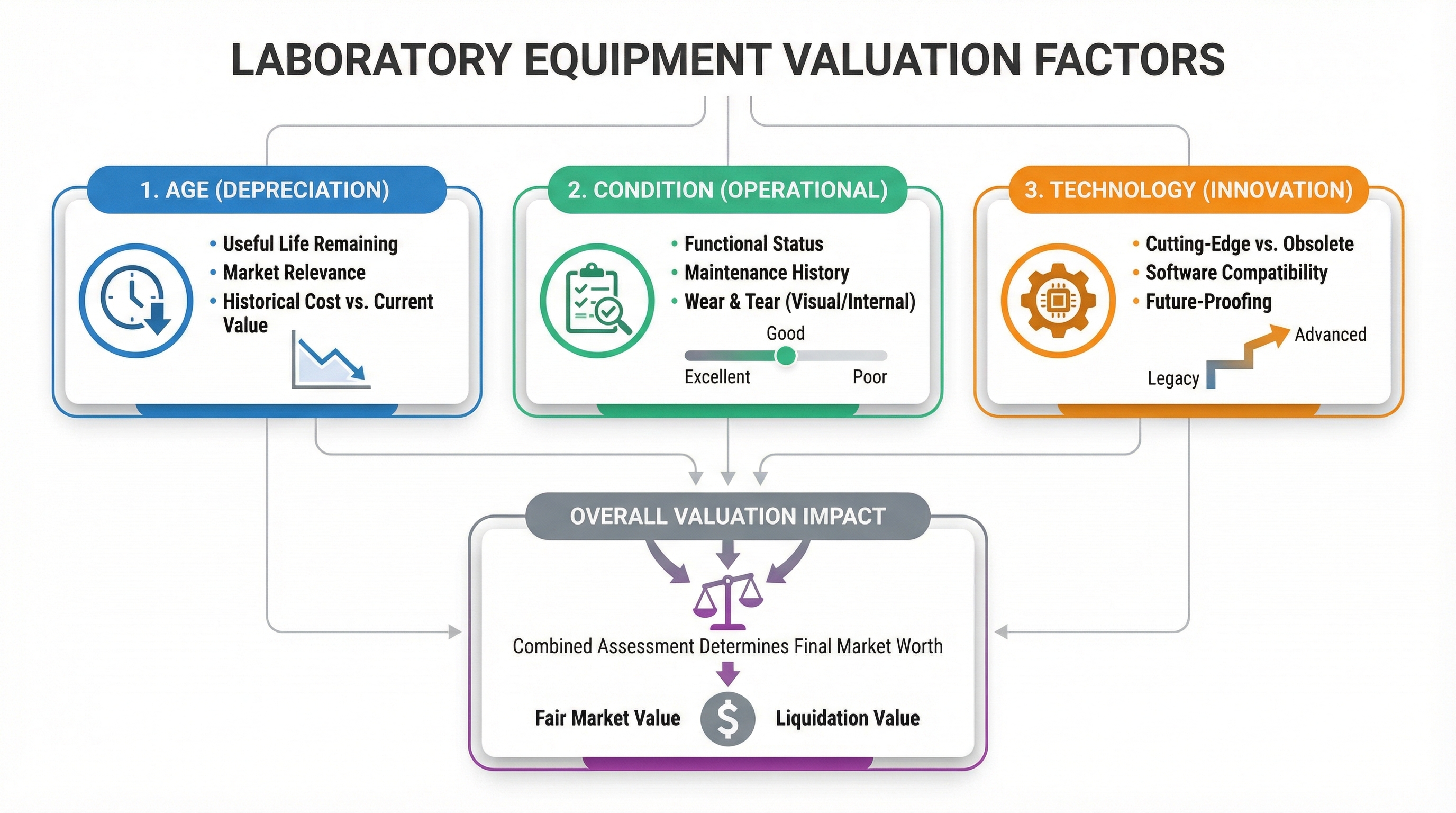 Laboratory equipment valuation factors including age, condition, and technology chart