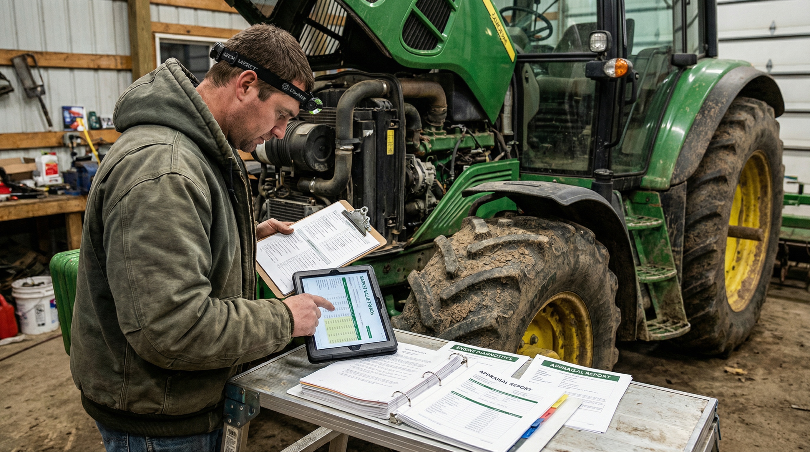 Appraiser examining tractor engine with detailed inspection checklist and market data sheets visible