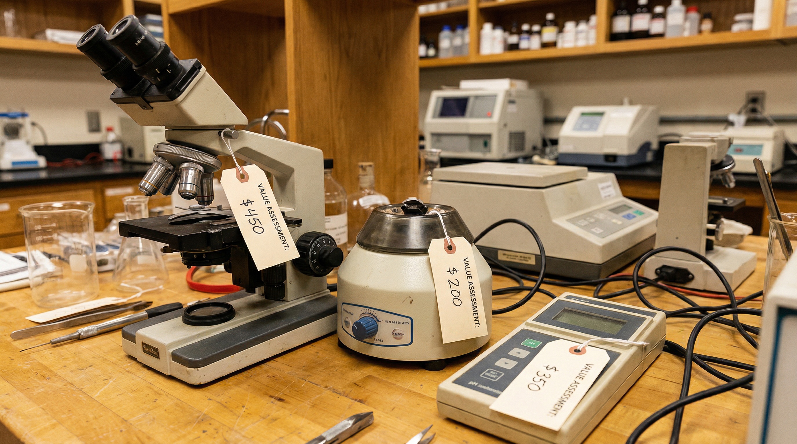 Close-up of various laboratory instruments including microscopes, centrifuges, and analytical equipment with value assessment tags