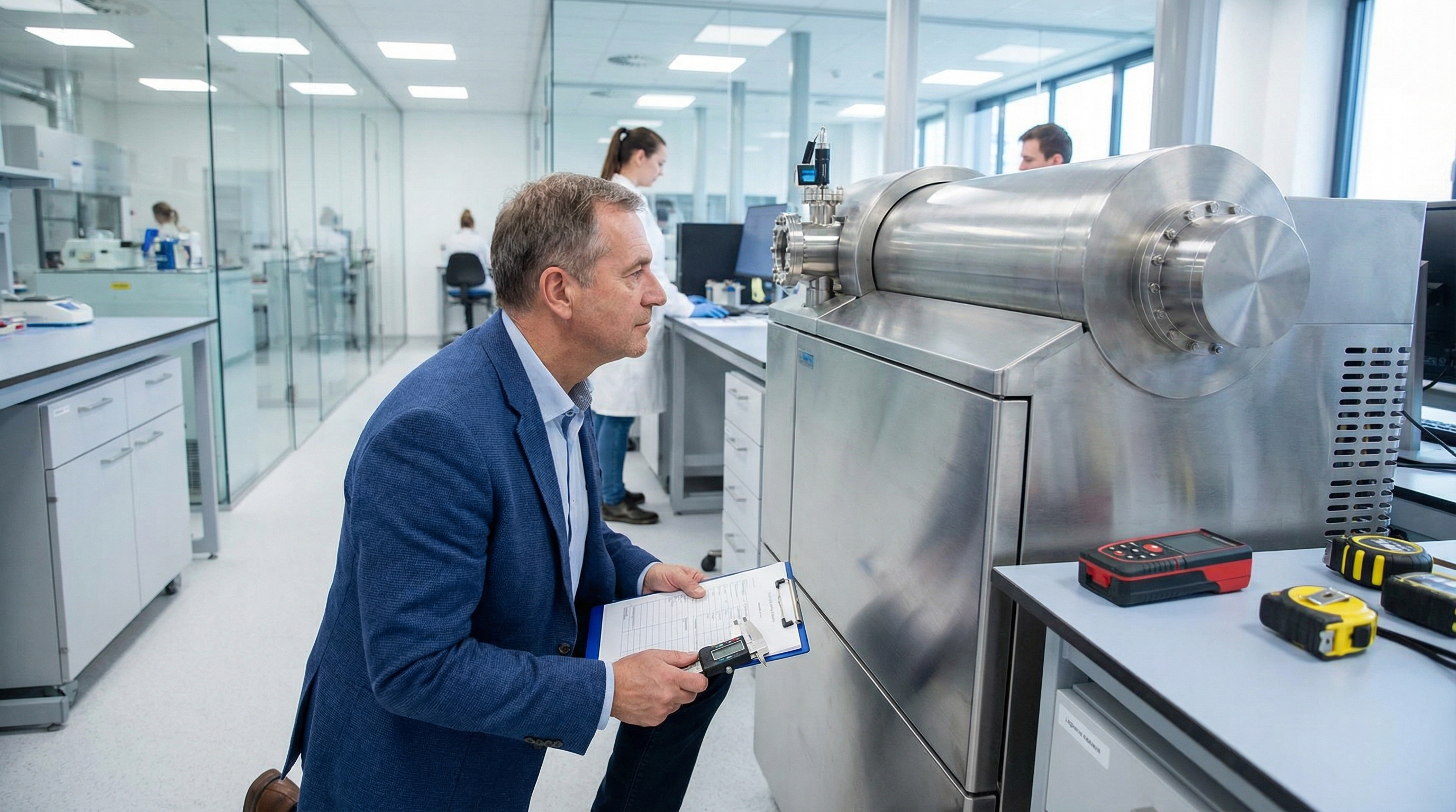Professional appraiser inspecting laboratory equipment with clipboard and measuring tools in a modern scientific facility