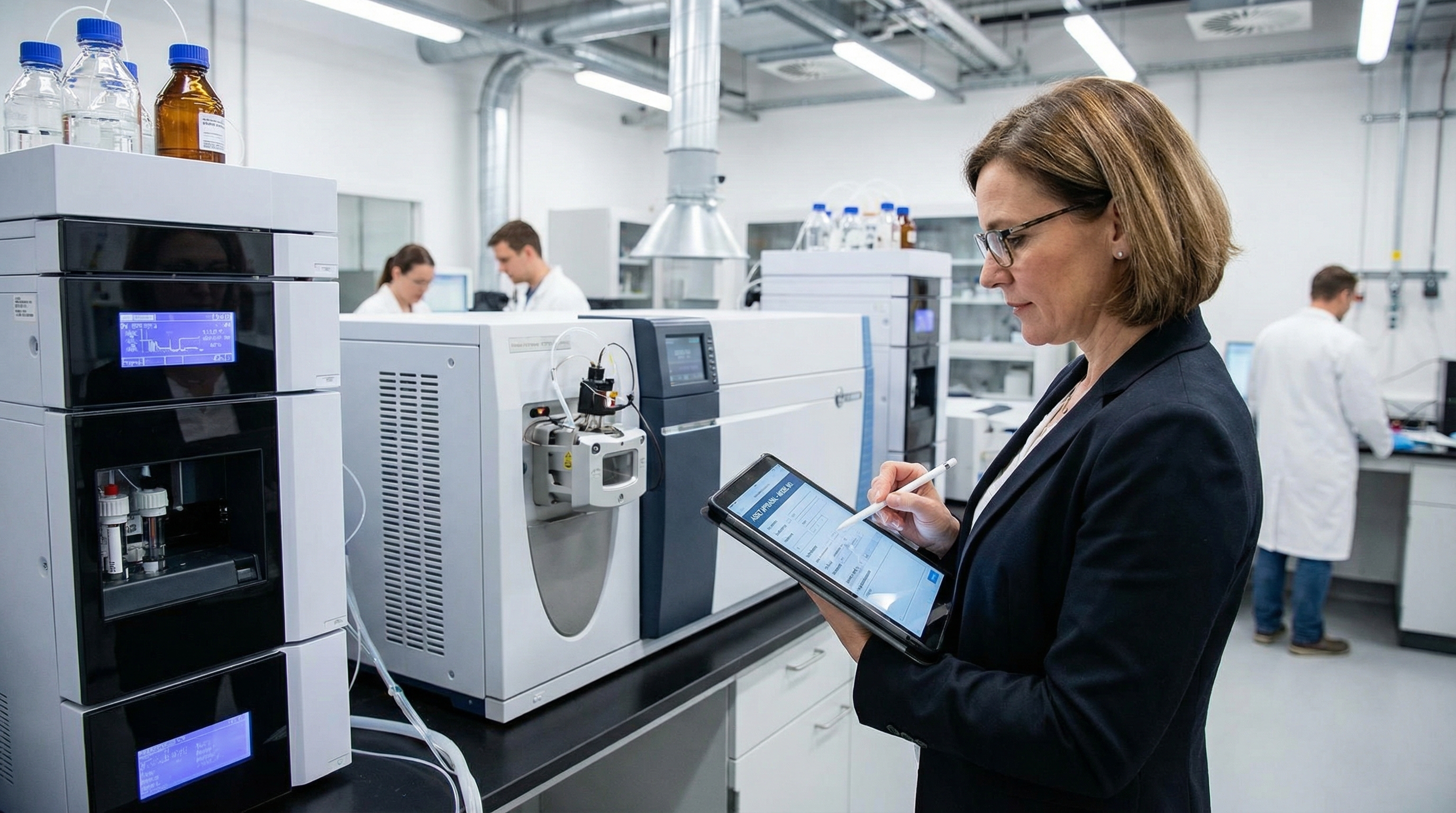 Professional appraiser using tablet to document laboratory equipment specifications while standing next to high-tech analytical instruments