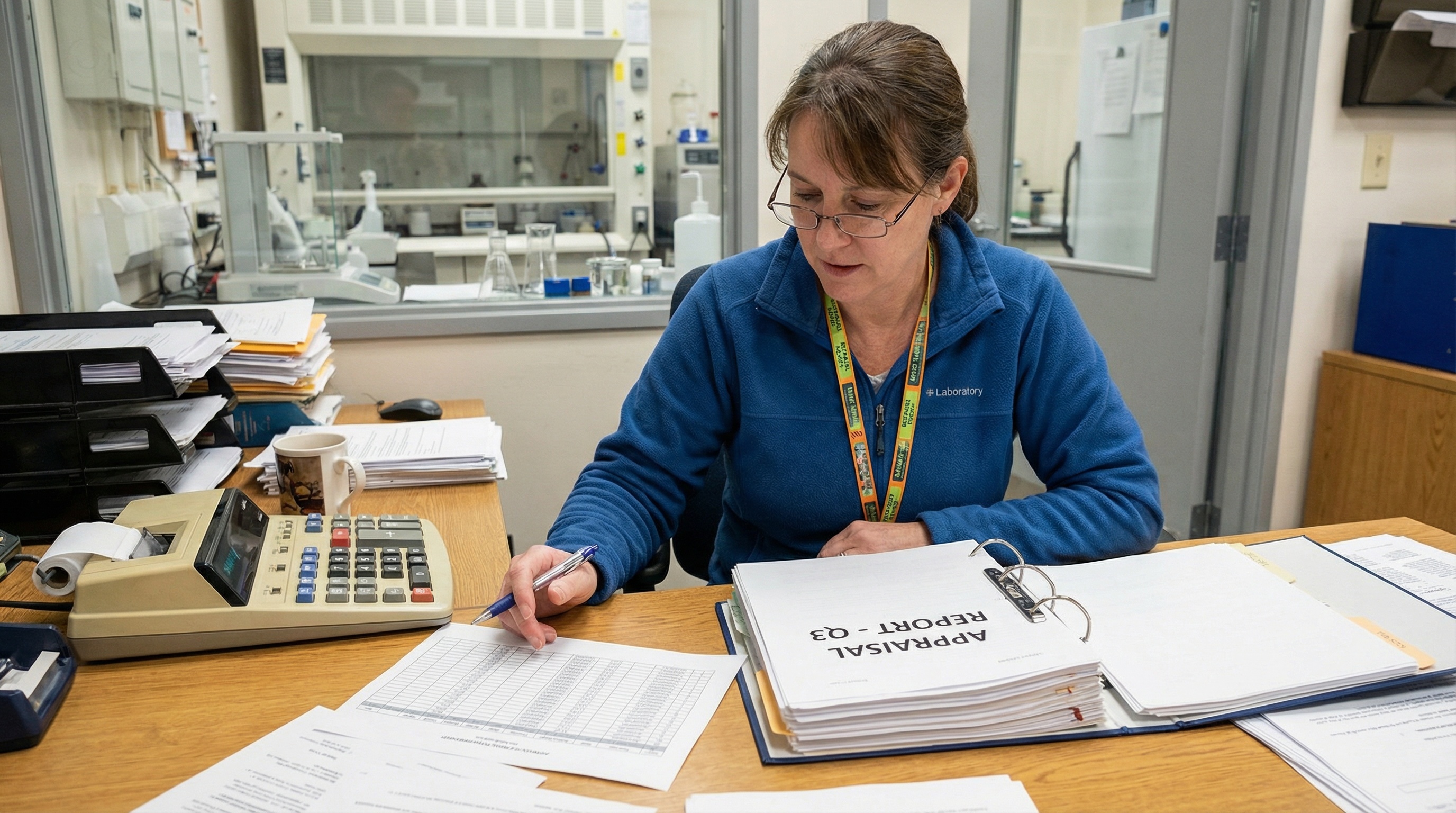 laboratory manager reviewing appraisal report with financial documents and calculator