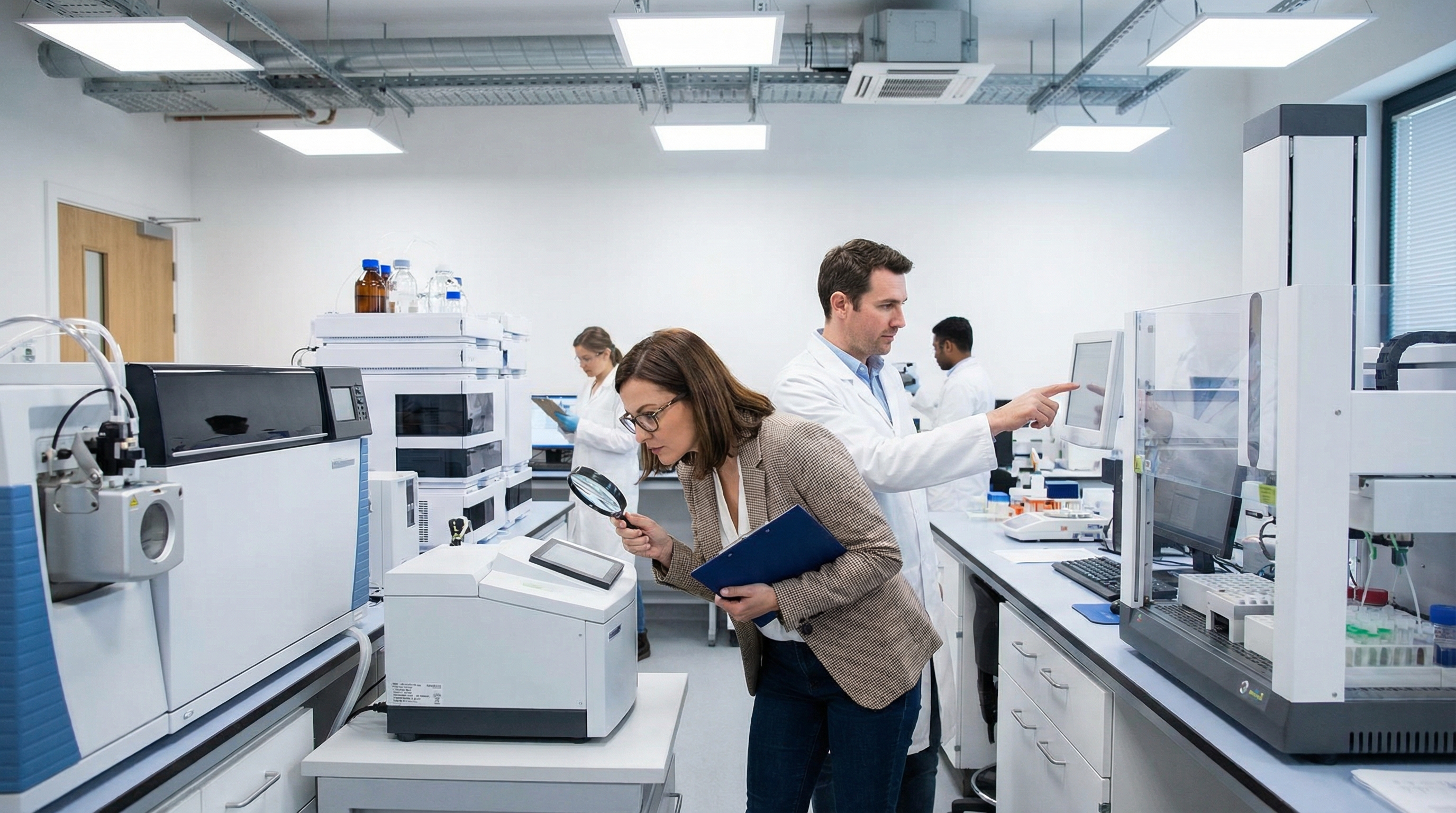 modern laboratory with various scientific equipment and instruments being evaluated by a professional appraiser