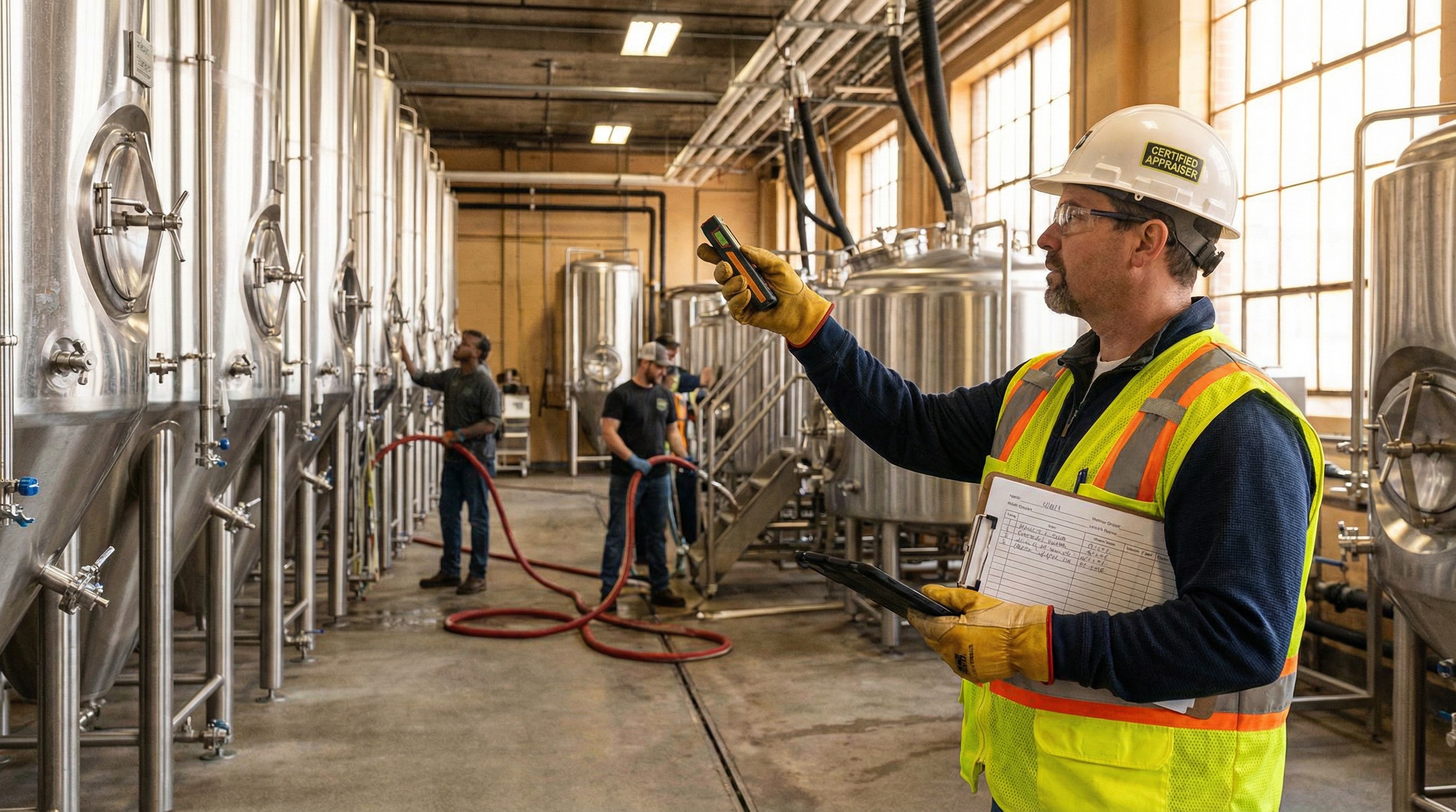certified appraiser examining brewery fermentation tanks with professional measuring equipment and documentation forms