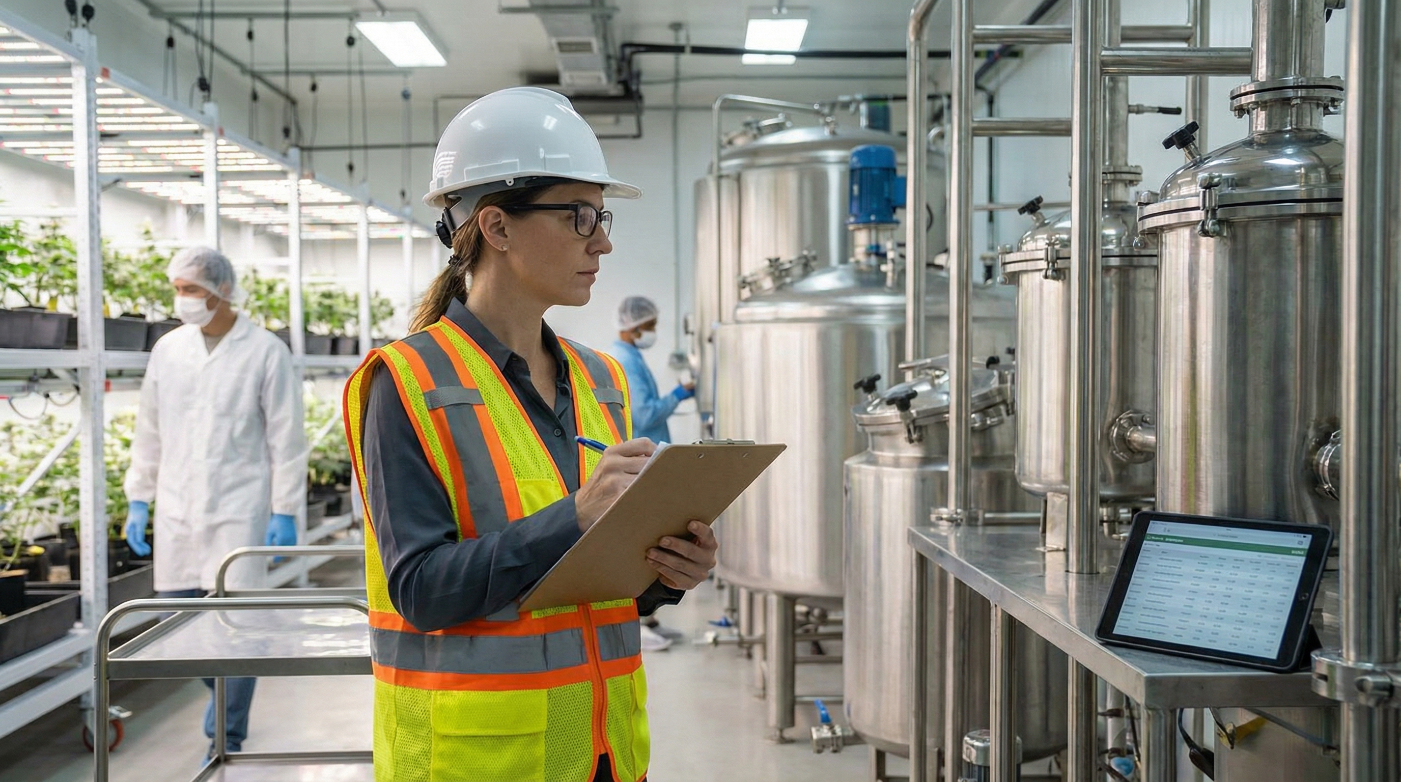 Professional appraiser reviewing cannabis facility equipment with clipboard
