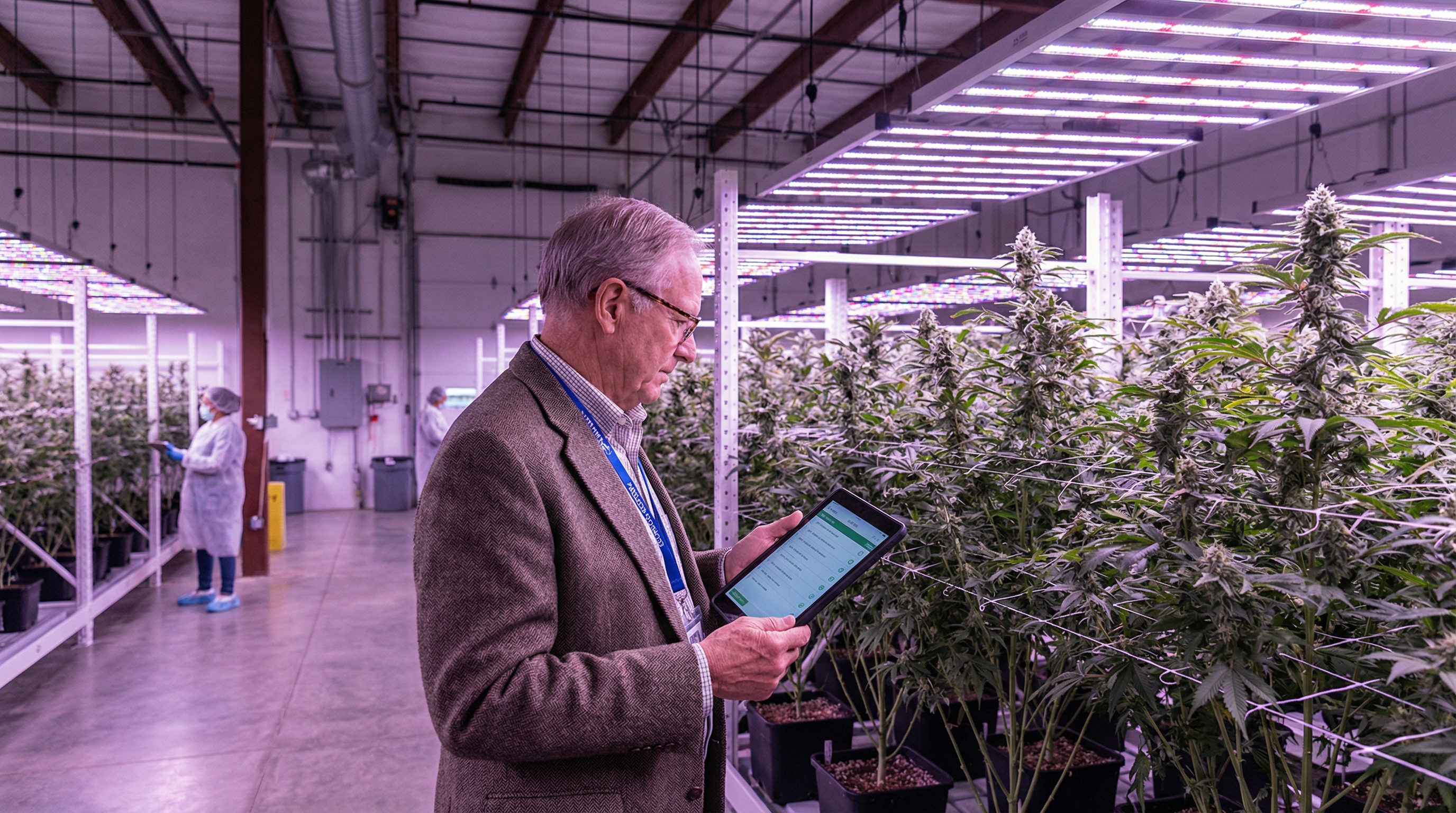 Professional inspecting cannabis grow room with tablet