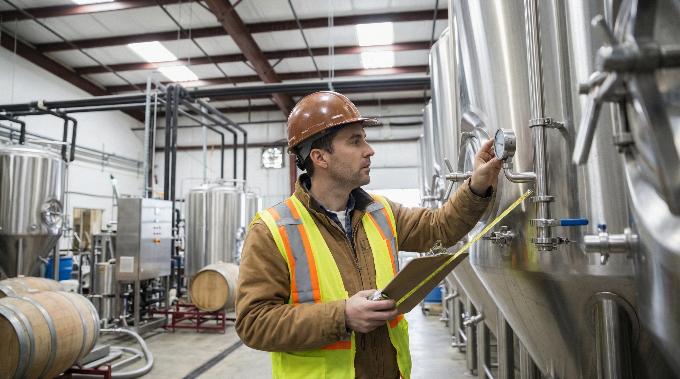 beverage equipment appraisal process showing appraiser inspecting brewery equipment with clipboard and measuring tools