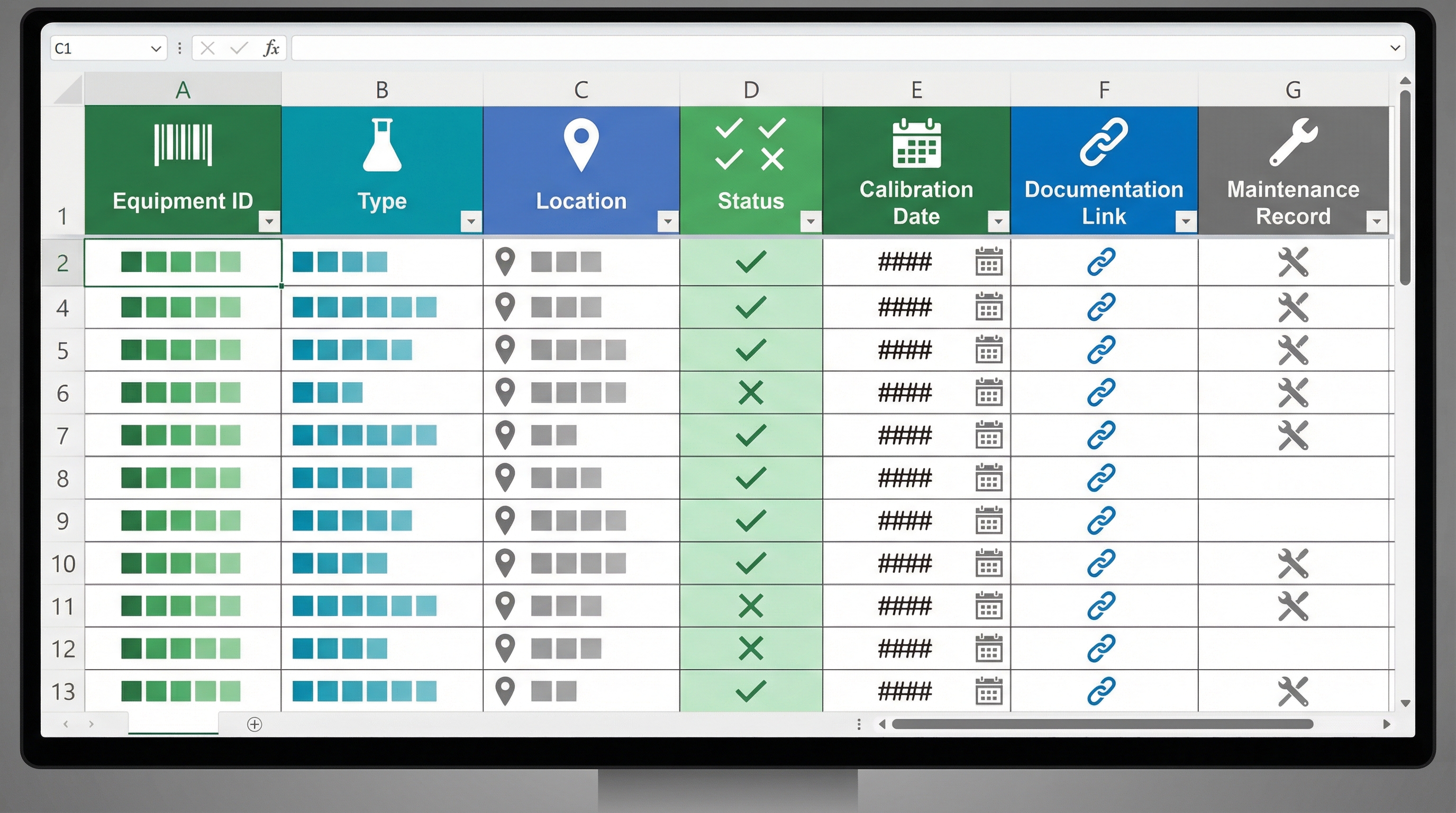 Detailed asset inventory spreadsheet for chemical equipment