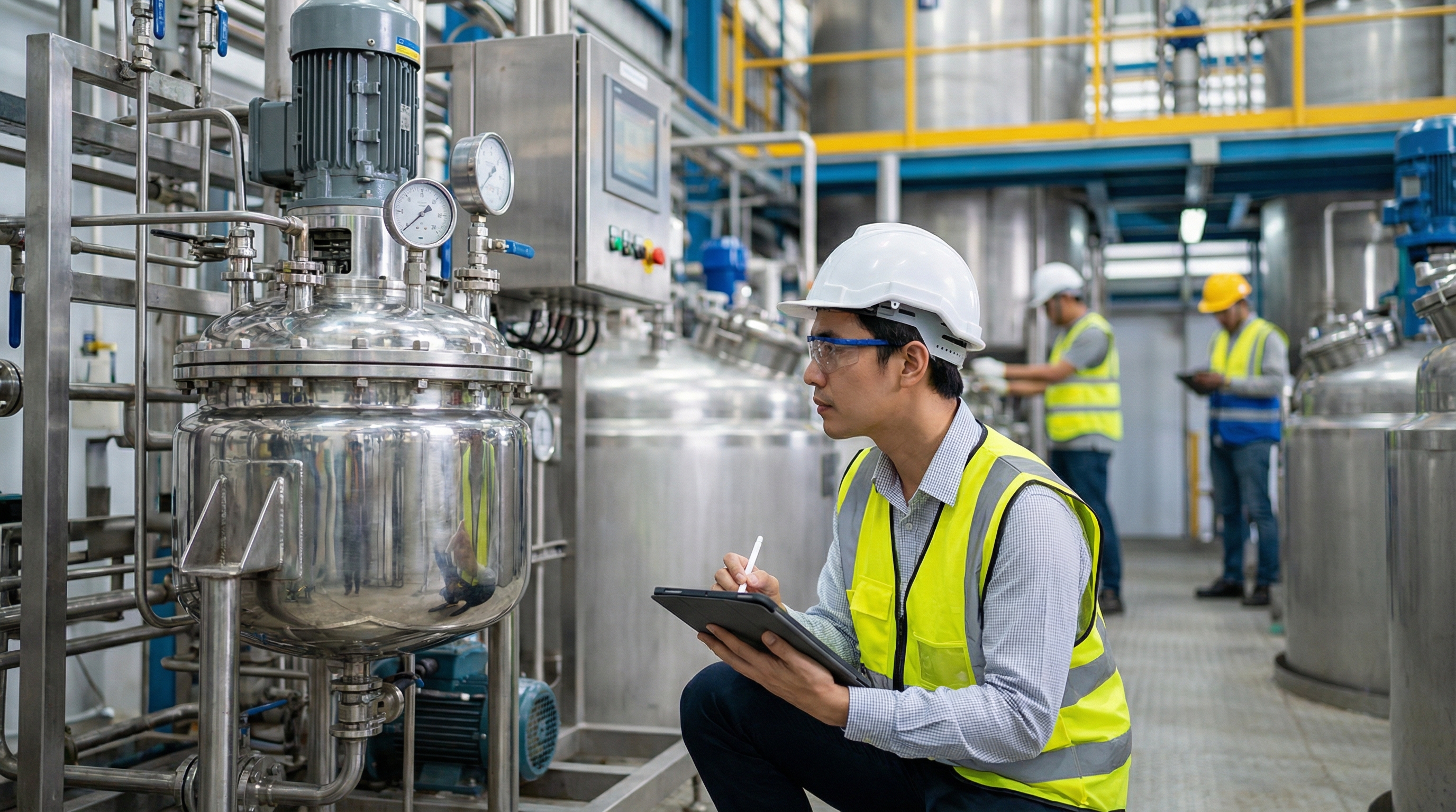 Professional appraiser inspecting industrial machinery in a chemical processing plant