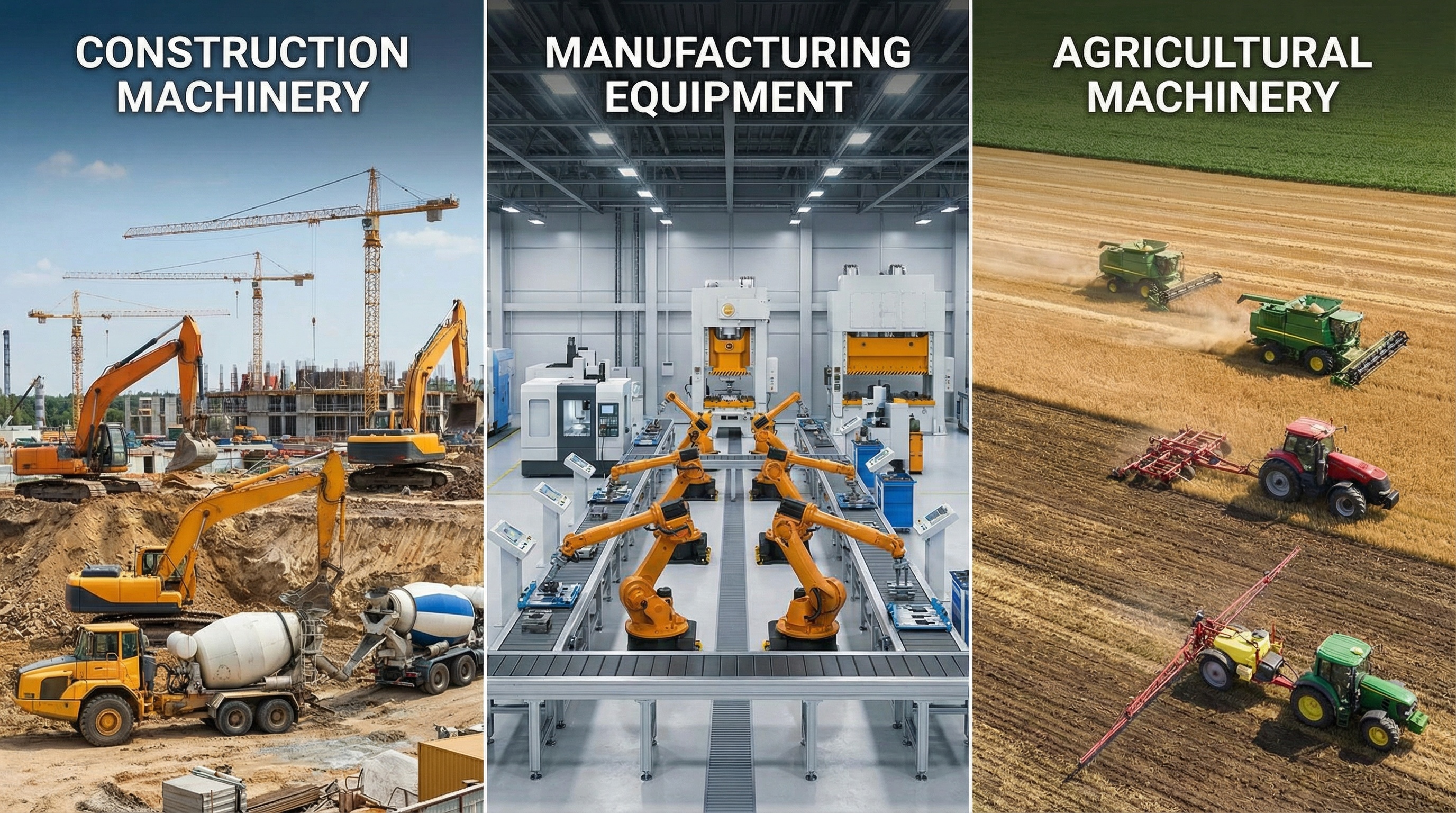 Split screen showing different types of industrial equipment including construction machinery, manufacturing equipment, and agricultural machinery