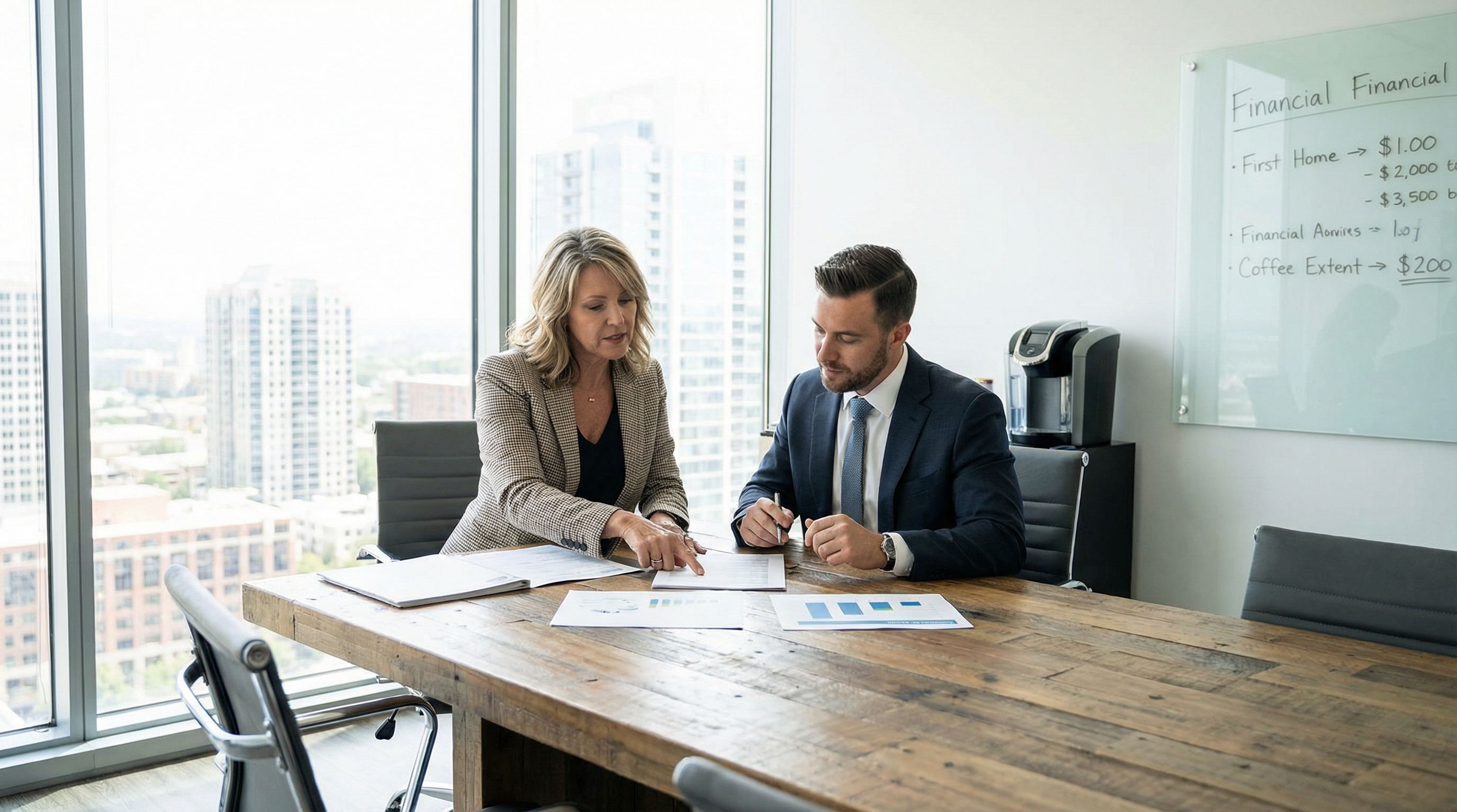 Business owner reviewing appraisal documents with financial advisor in office setting