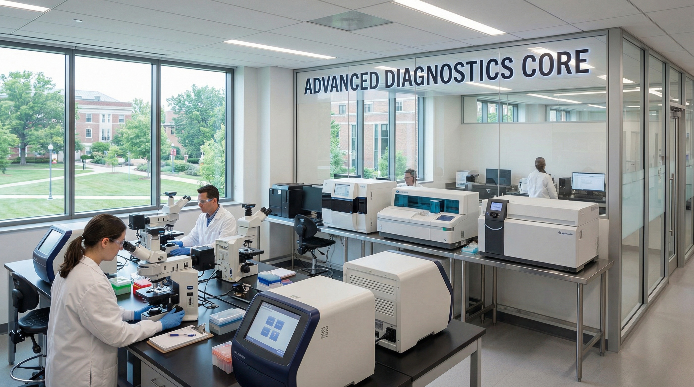 modern laboratory with various scientific equipment including microscopes, analyzers, and diagnostic machines
