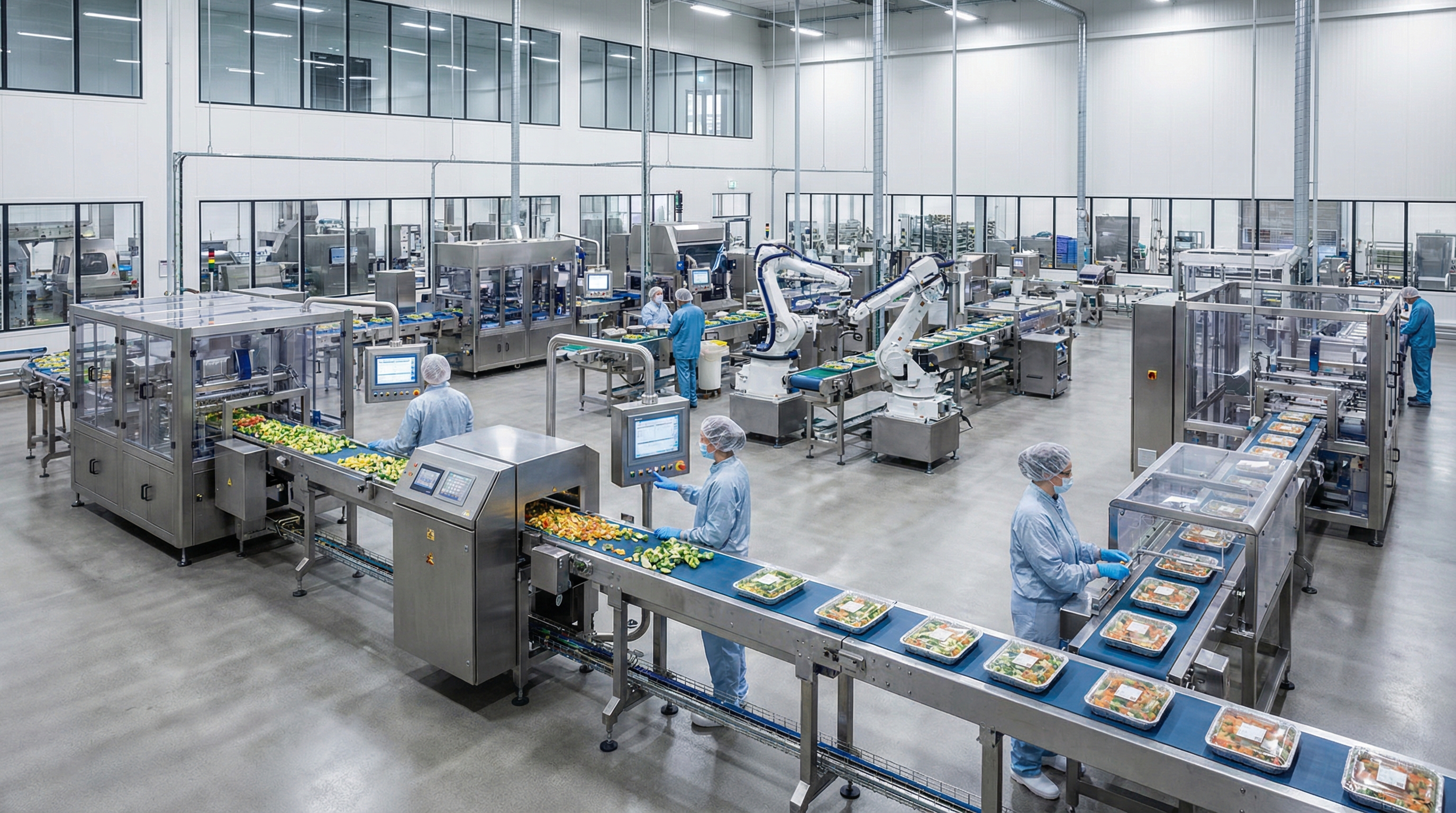 Modern food processing plant with stainless steel equipment and conveyor systems