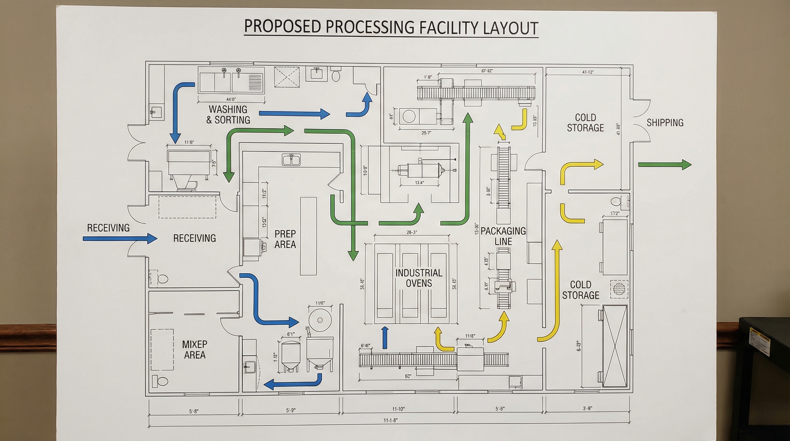 Food processing facility floor plan with equipment layout and workflow arrows