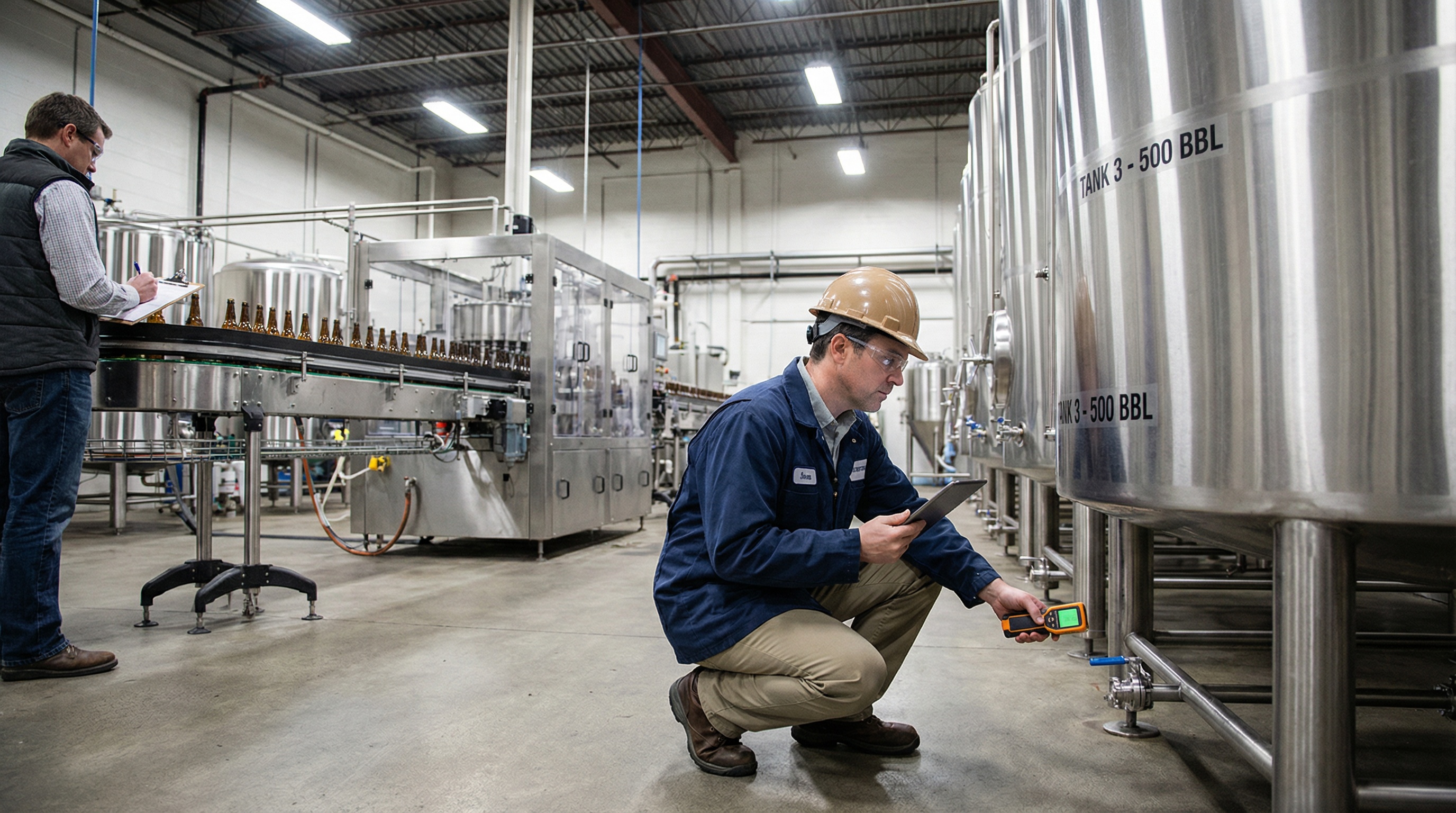 Professional appraiser inspecting brewery tanks and bottling line