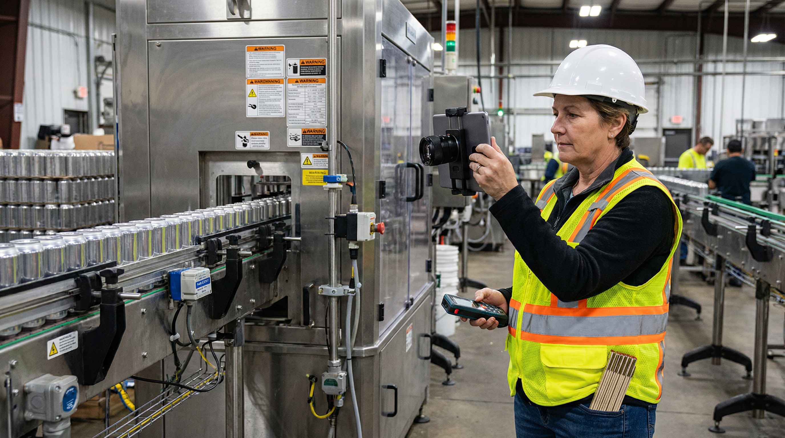 Professional appraiser documenting beverage packaging equipment