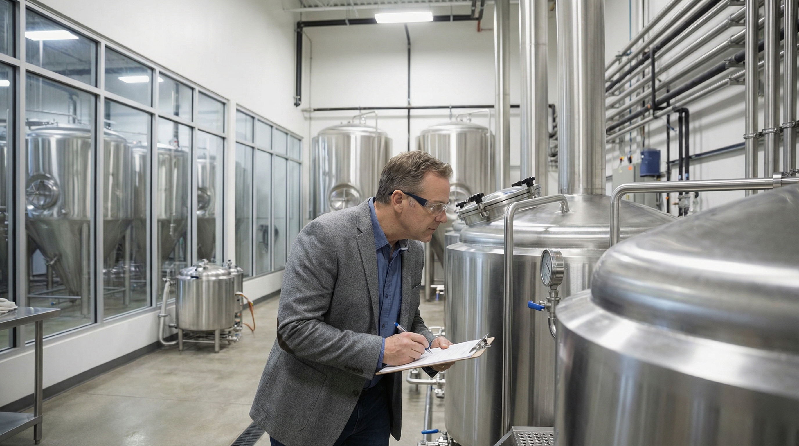 Appraiser with clipboard examining stainless steel brewing equipment