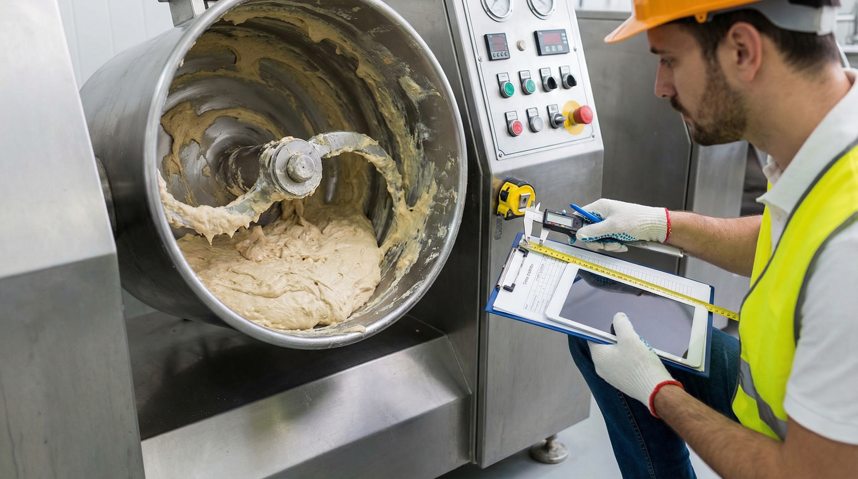 Close-up of industrial food processing mixer with appraiser taking detailed notes and measurements