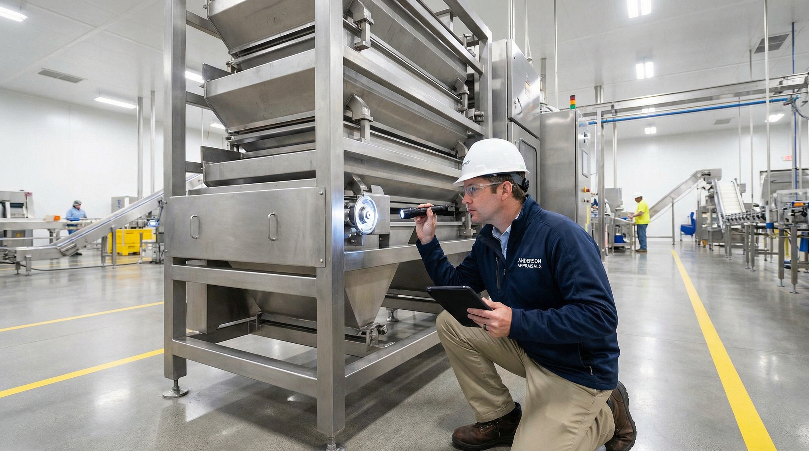 Professional appraiser inspecting large food processing equipment in modern manufacturing facility