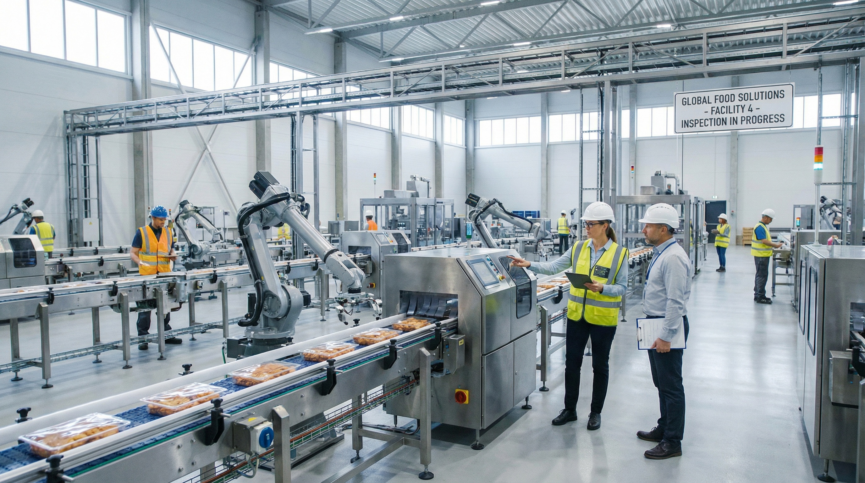 Wide shot of modern food processing facility showing multiple production lines with professional appraiser in safety gear conducting inspection