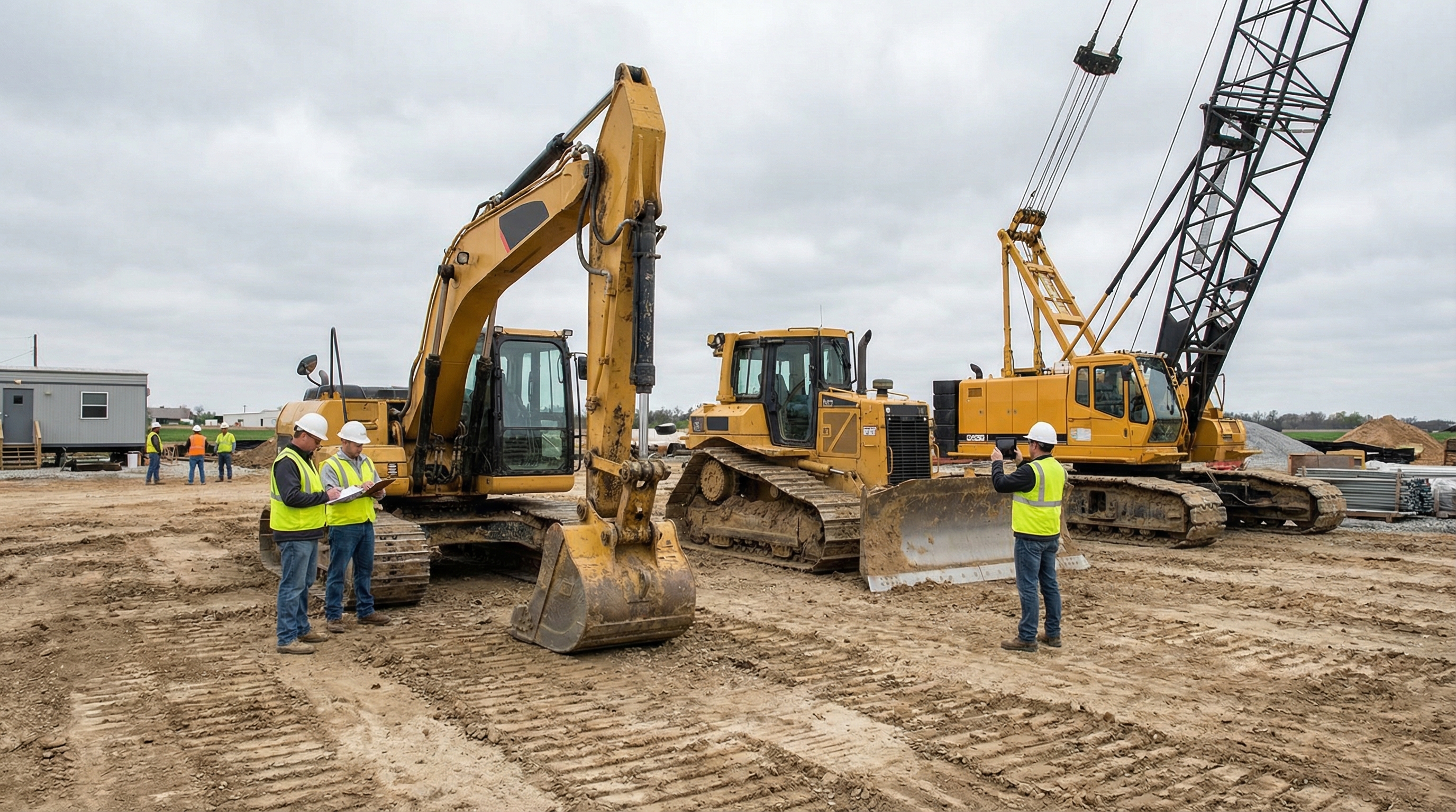 Construction equipment appraisal process showing excavator, bulldozer, and crane being evaluated