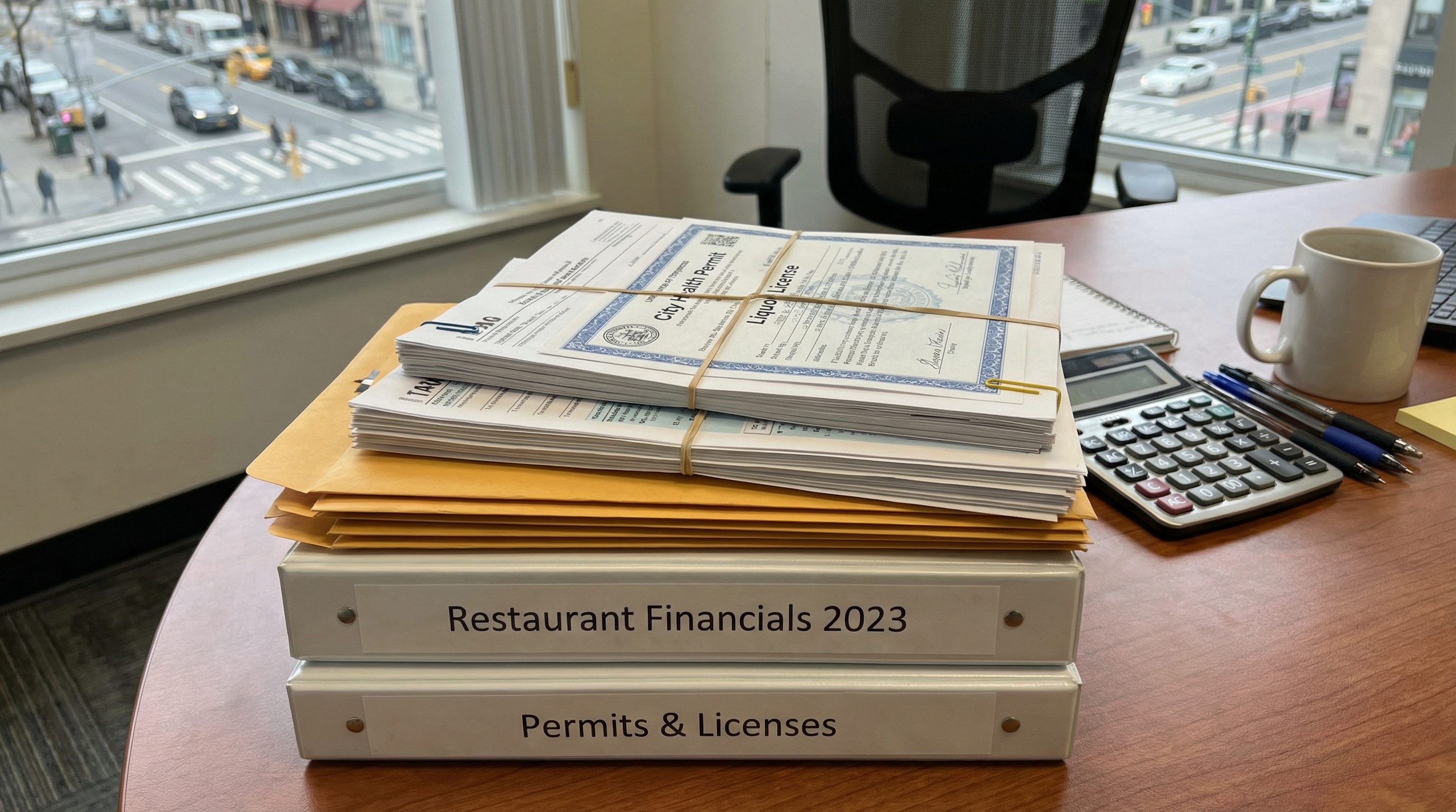 organized stack of restaurant financial documents and permits on desk