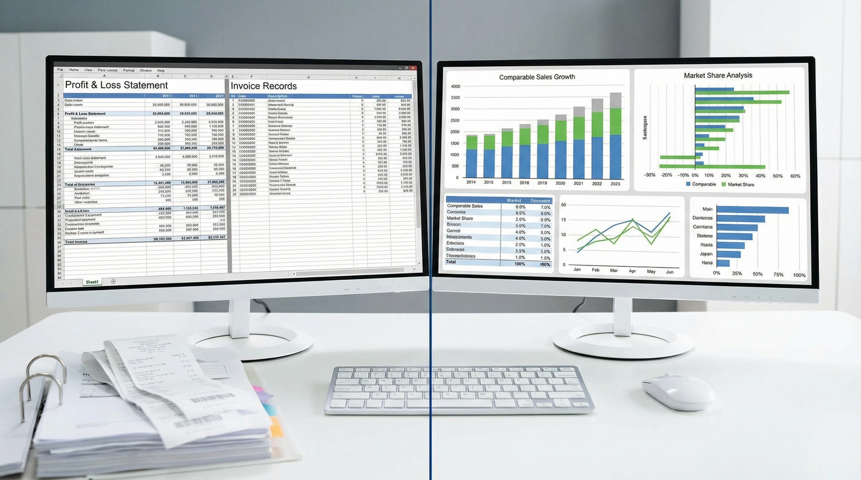 split screen showing restaurant financial documents and comparable sales data analysis