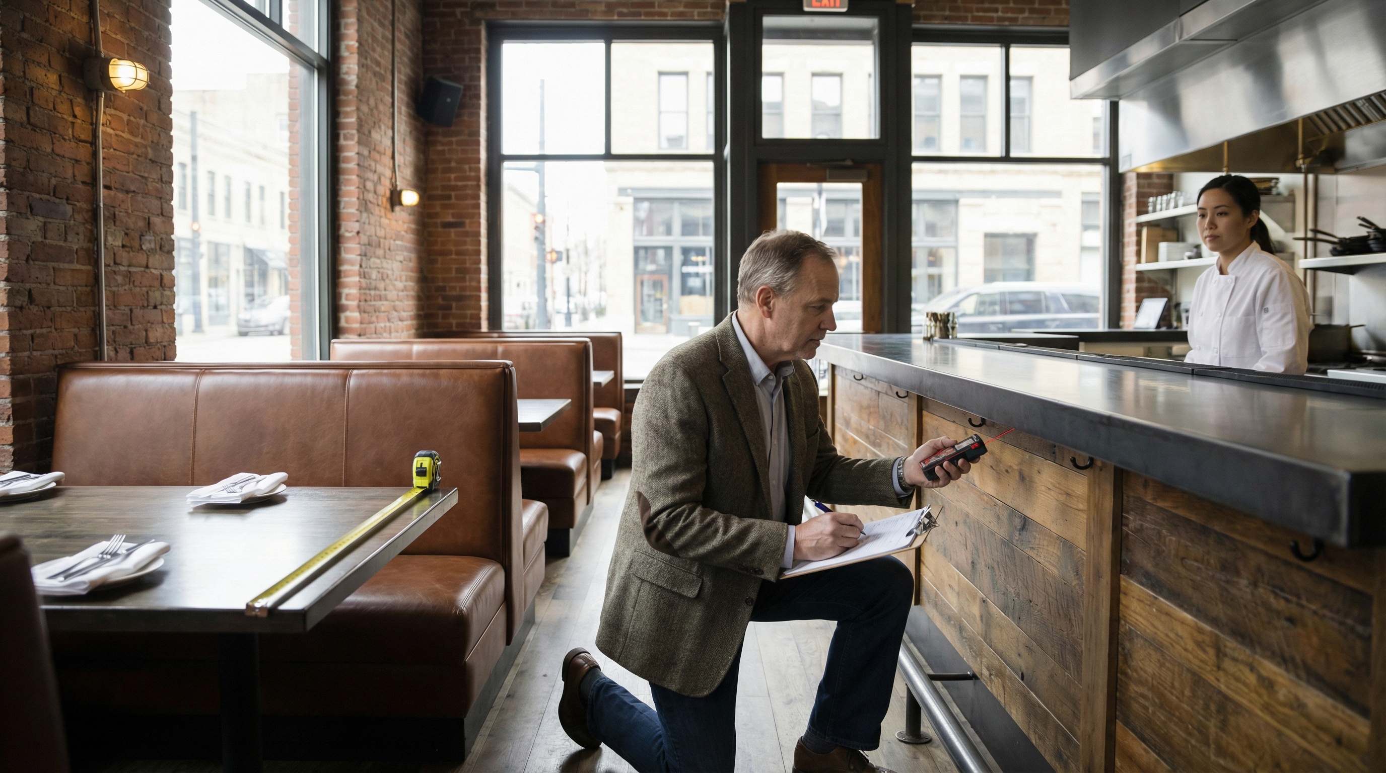 professional appraiser examining restaurant interior with clipboard and measuring tools