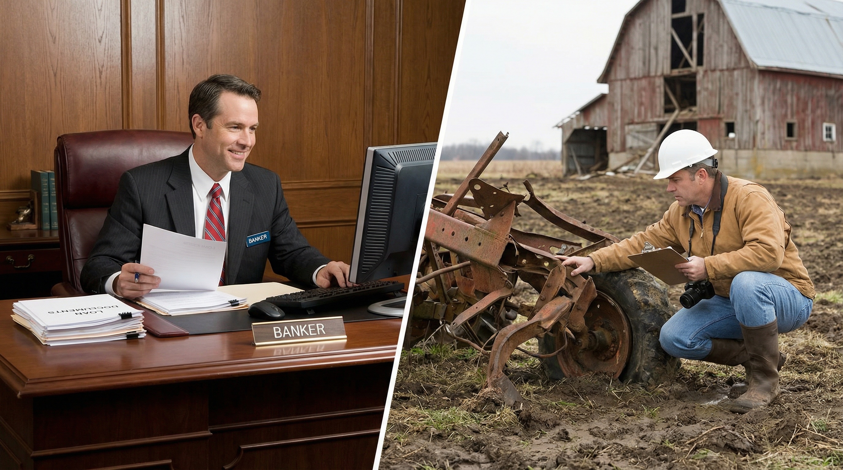 Split image showing a banker reviewing loan documents and an insurance adjuster examining damaged farm equipment