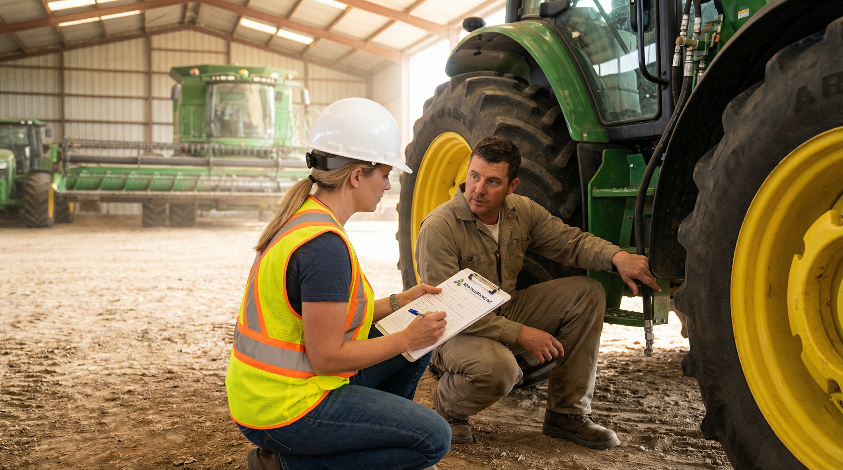 Appraiser examining farm equipment with documentation