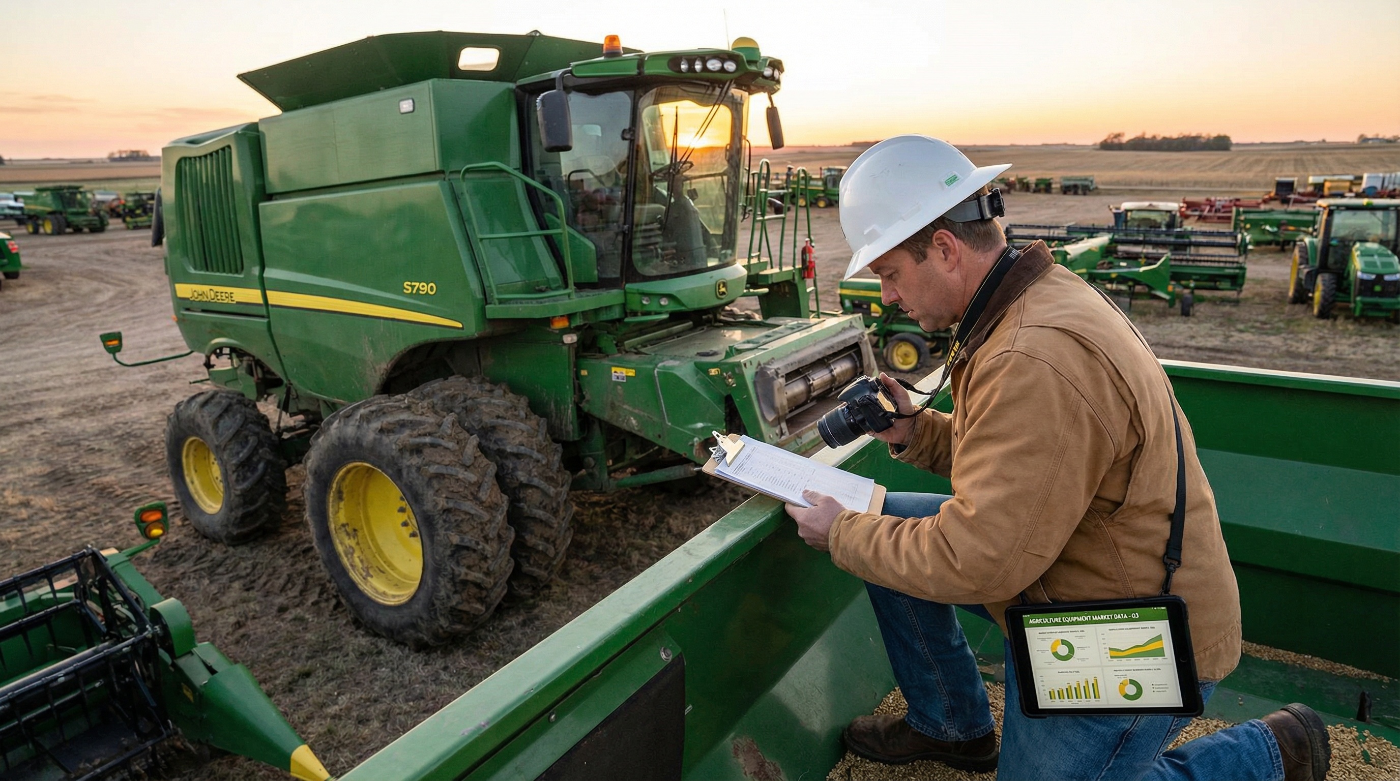 Professional appraiser with clipboard and camera inspecting a large combine harvester, with market data charts visible on a tablet