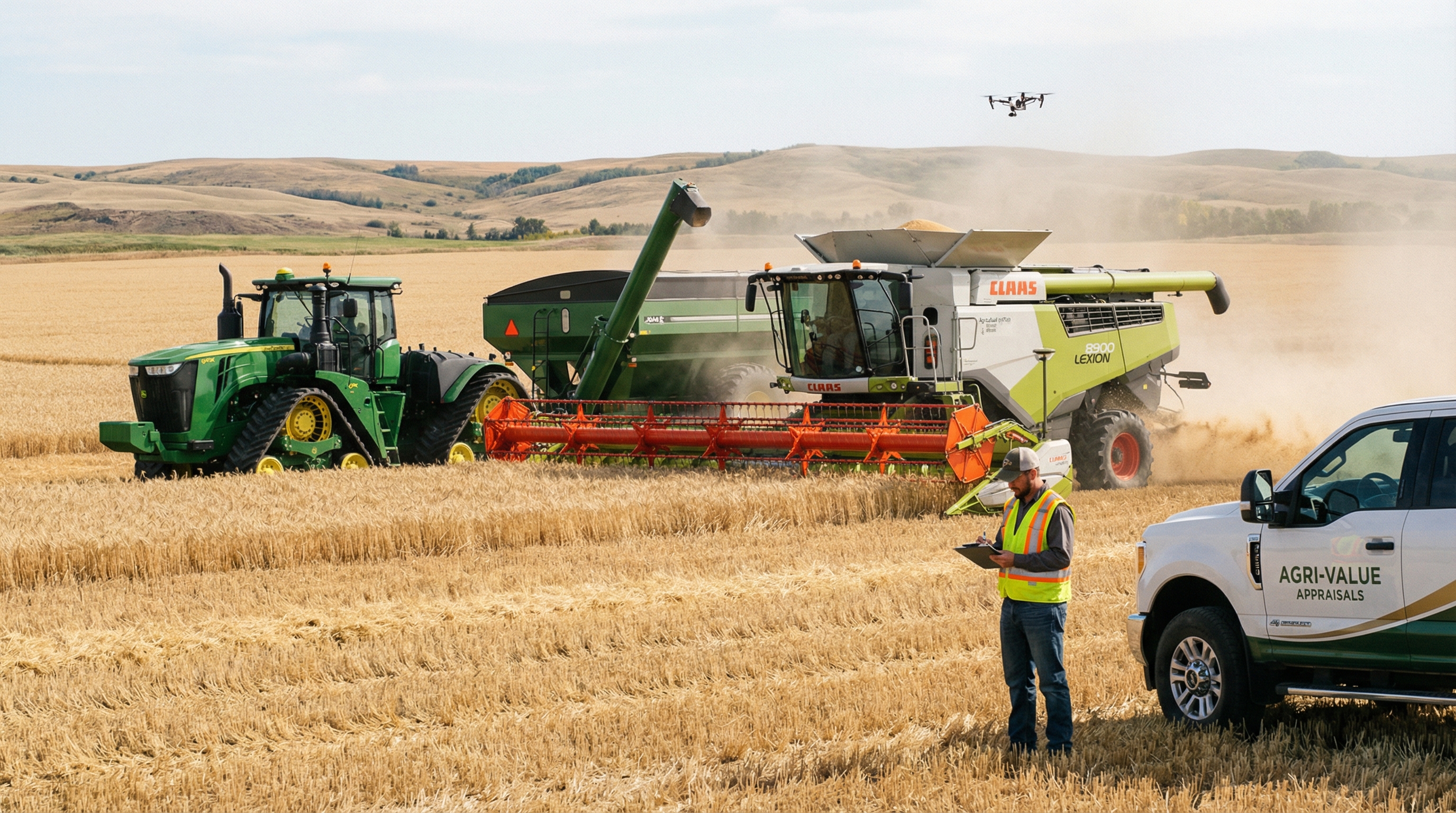 Modern farm equipment including tractors and combines in a field with an appraiser taking notes