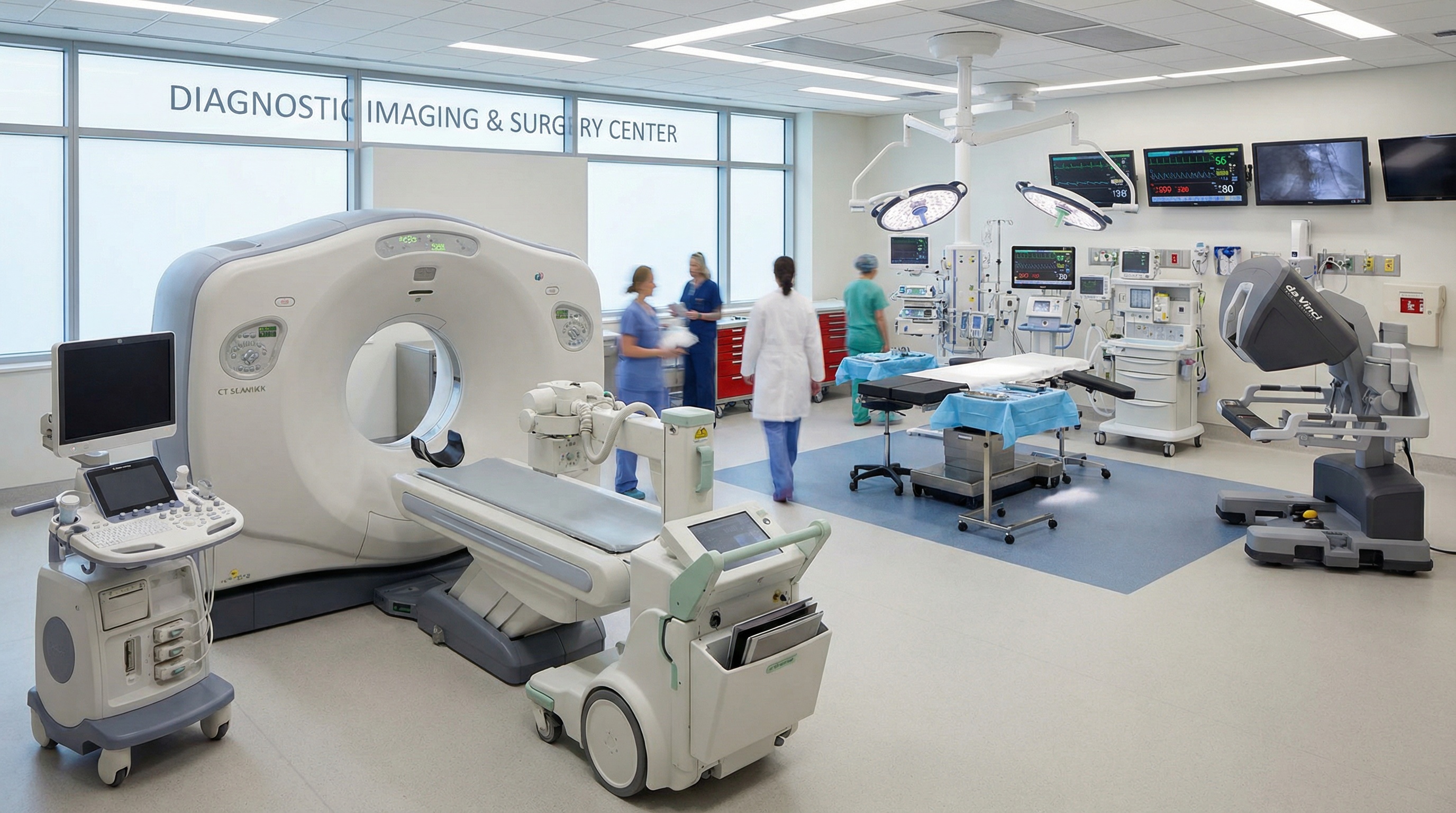 Various types of medical equipment including CT scanner, surgical equipment, and monitoring devices arranged in healthcare setting