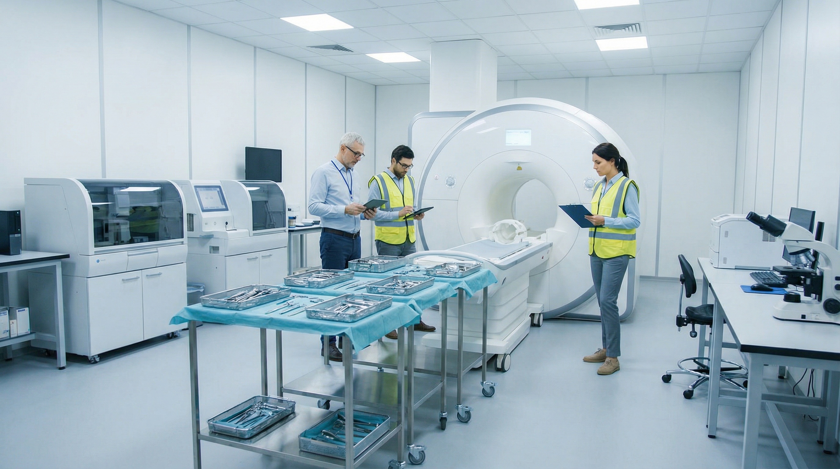 medical equipment appraisal process showing various devices like MRI machines, surgical equipment, and lab instruments being evaluated