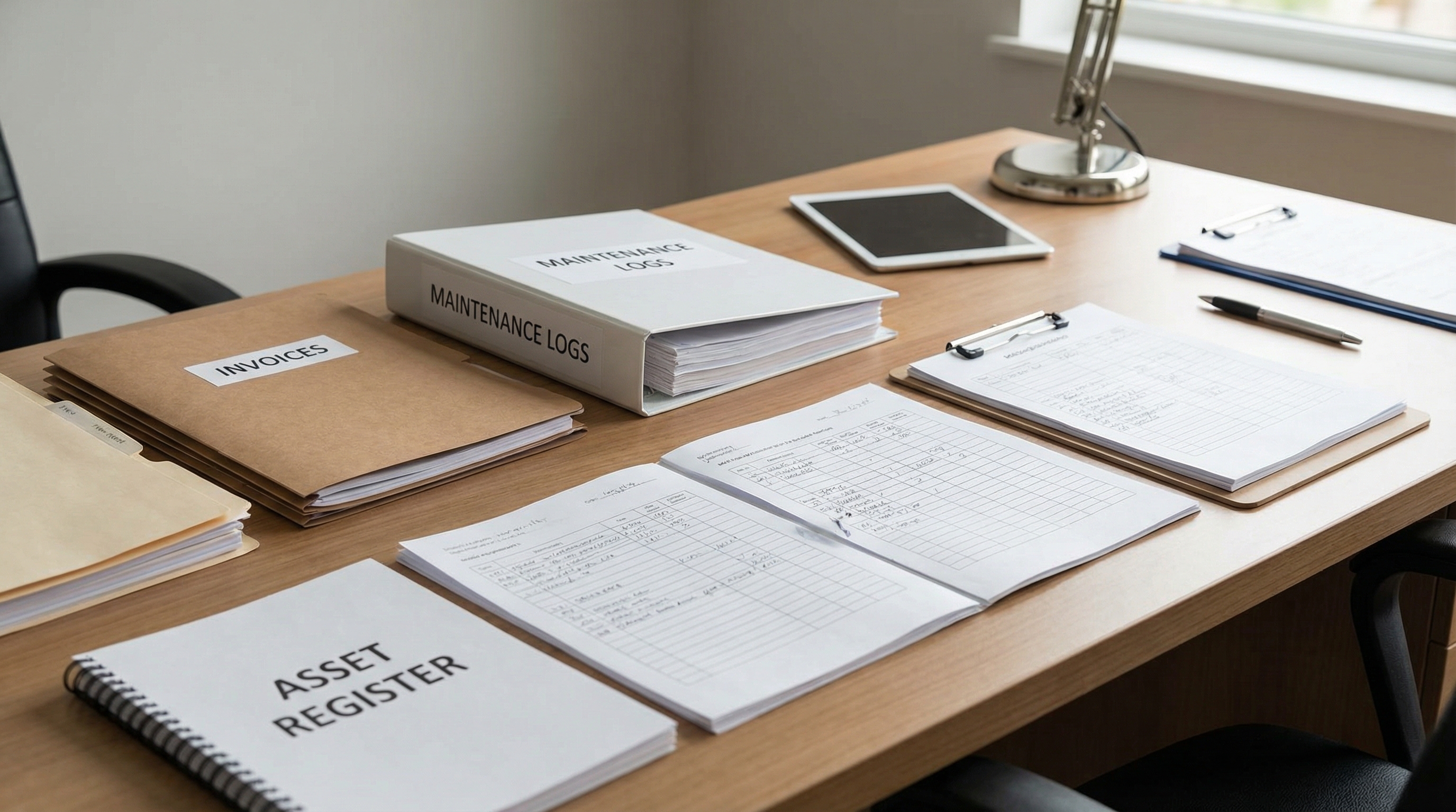 organized medical equipment documentation including invoices, maintenance records, and asset lists spread on a desk