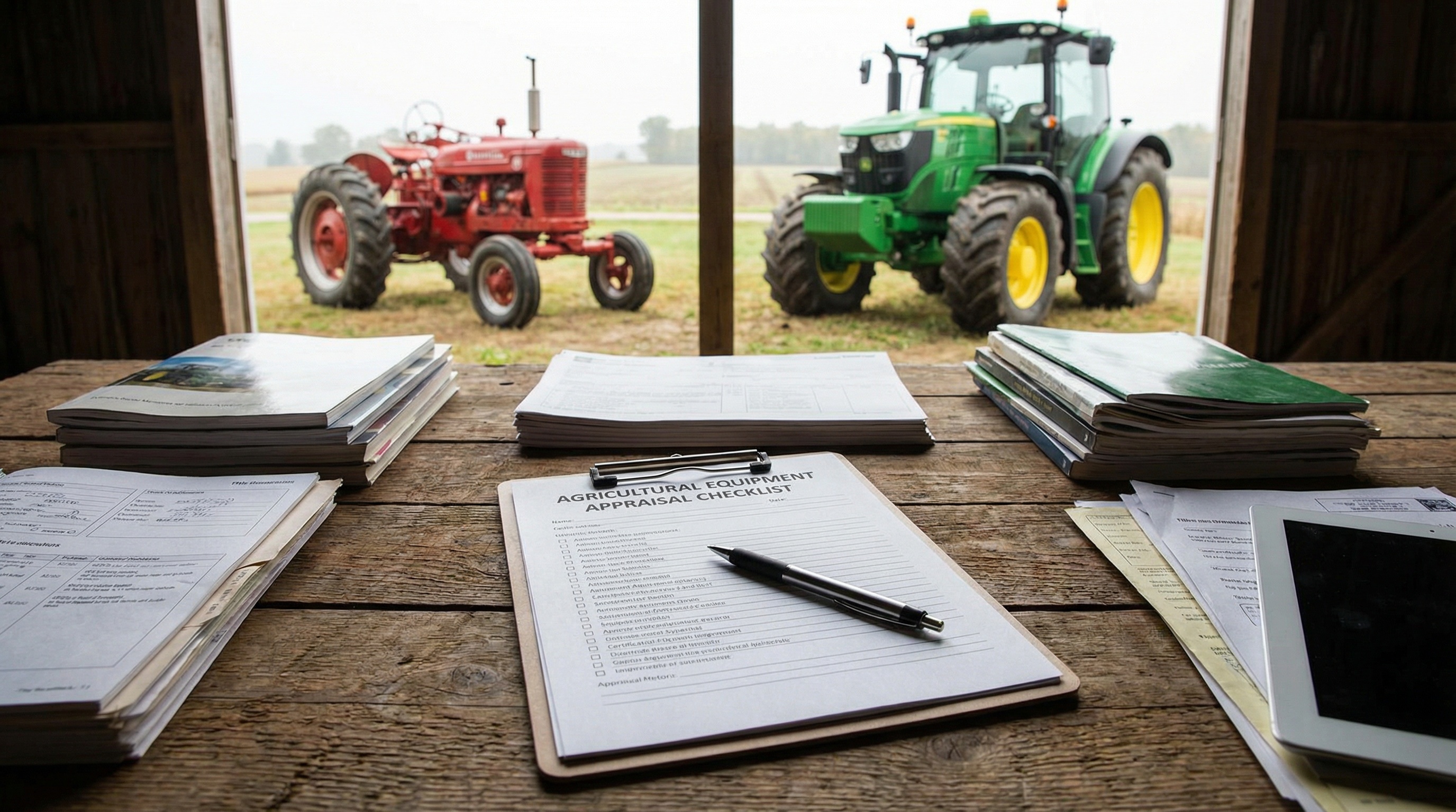 Agricultural equipment appraisal documents checklist with tractors and paperwork