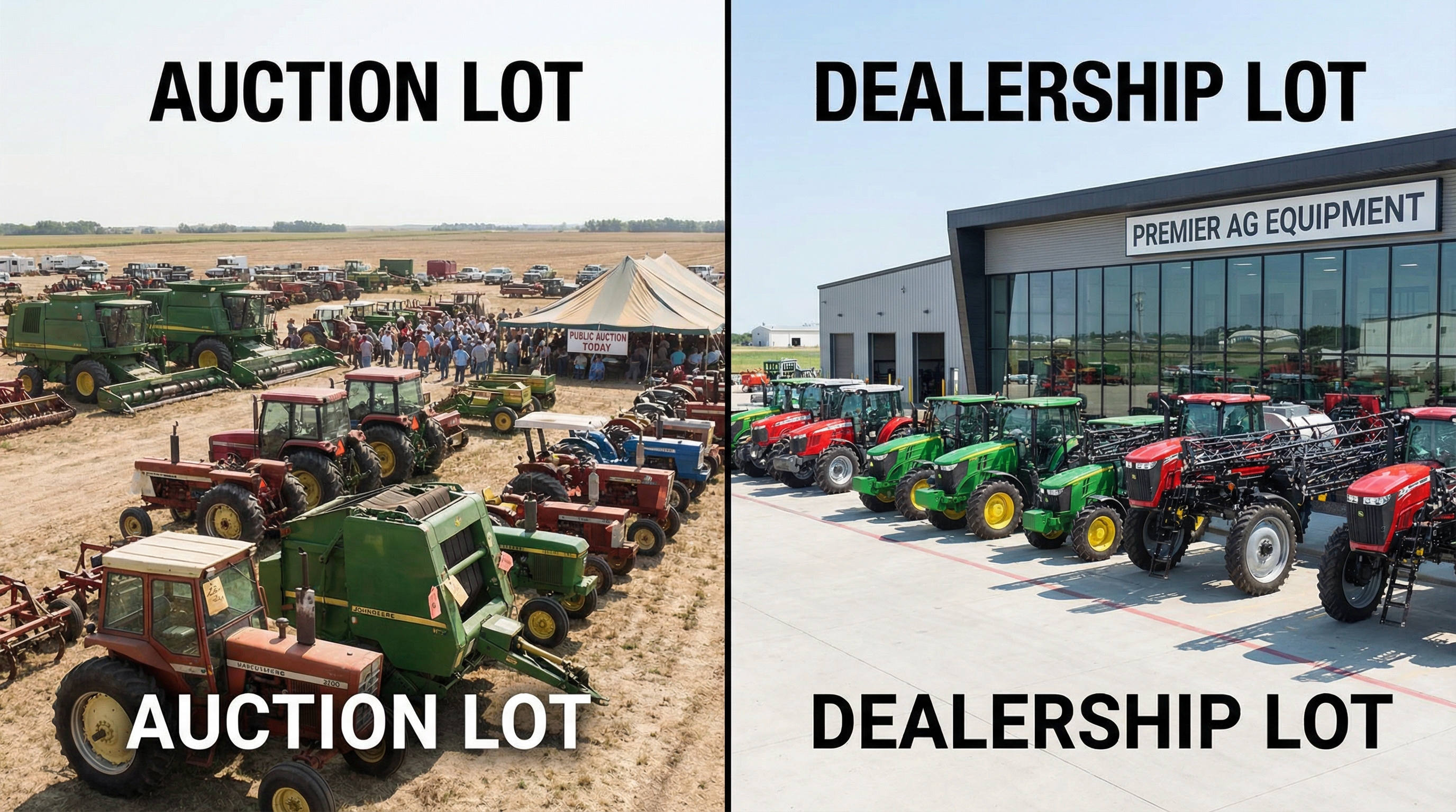 Split image showing agricultural equipment at auction versus dealership lot