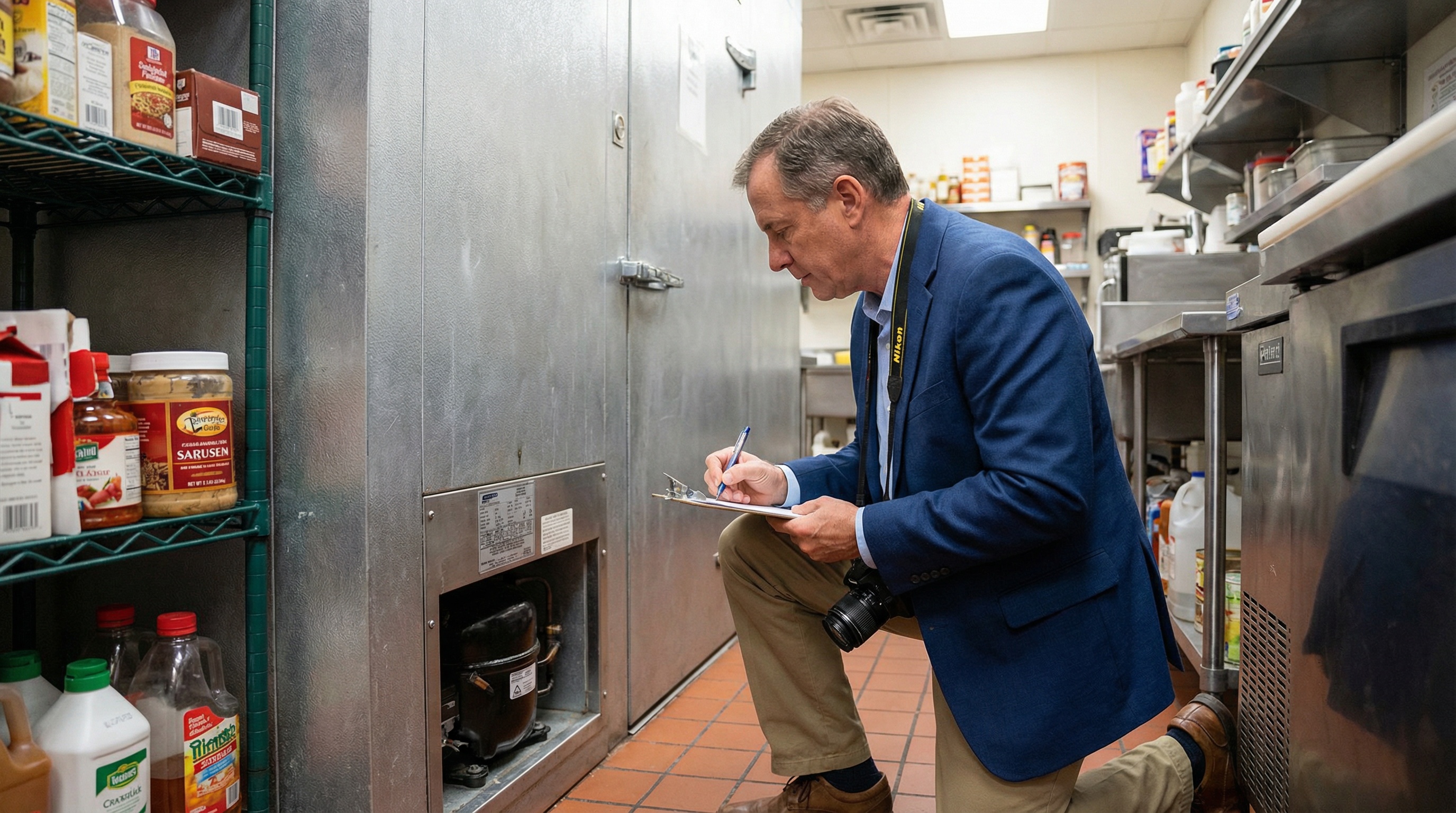 Professional appraiser examining commercial refrigeration equipment and taking detailed notes