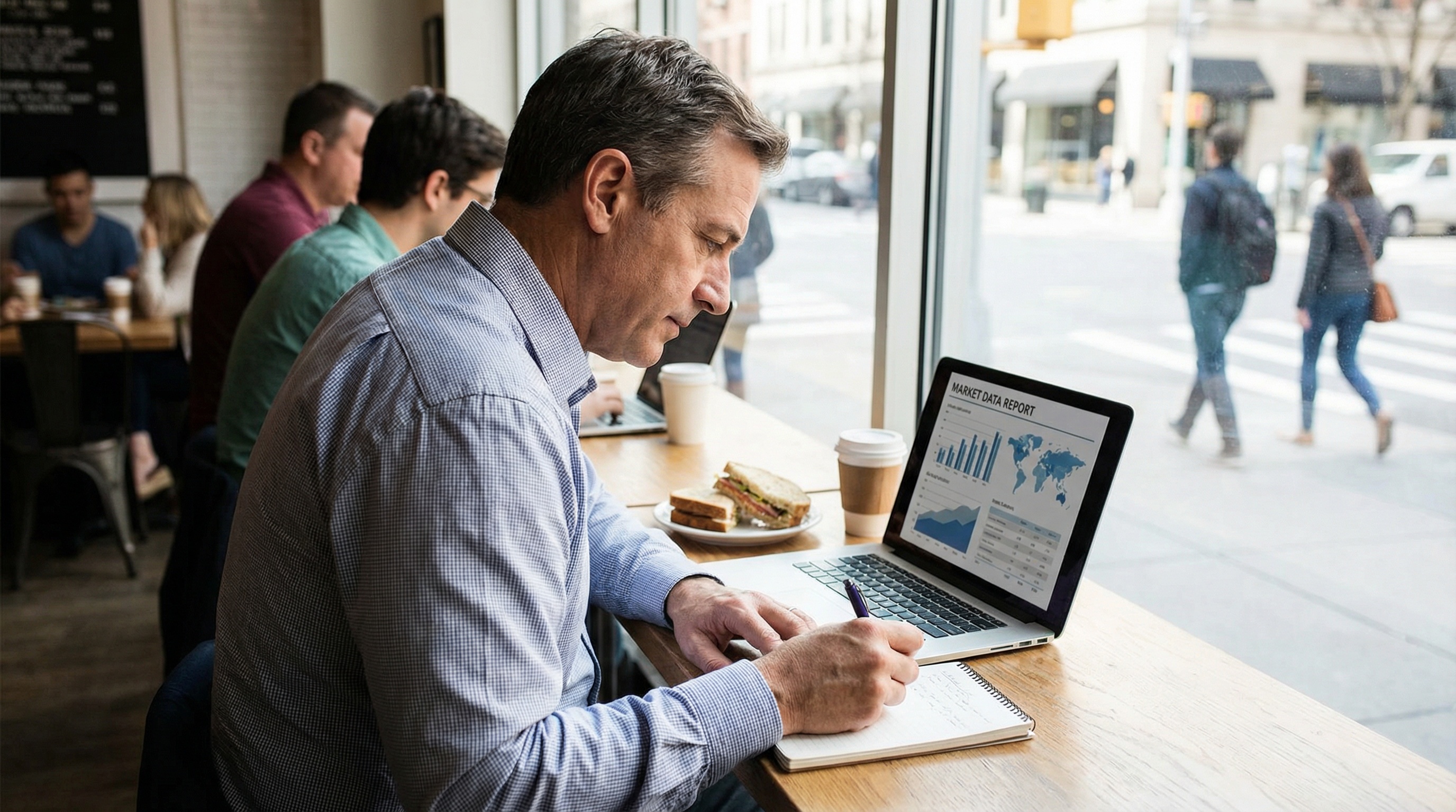 Appraiser reviewing market data and comparable sales on laptop while sitting at restaurant table