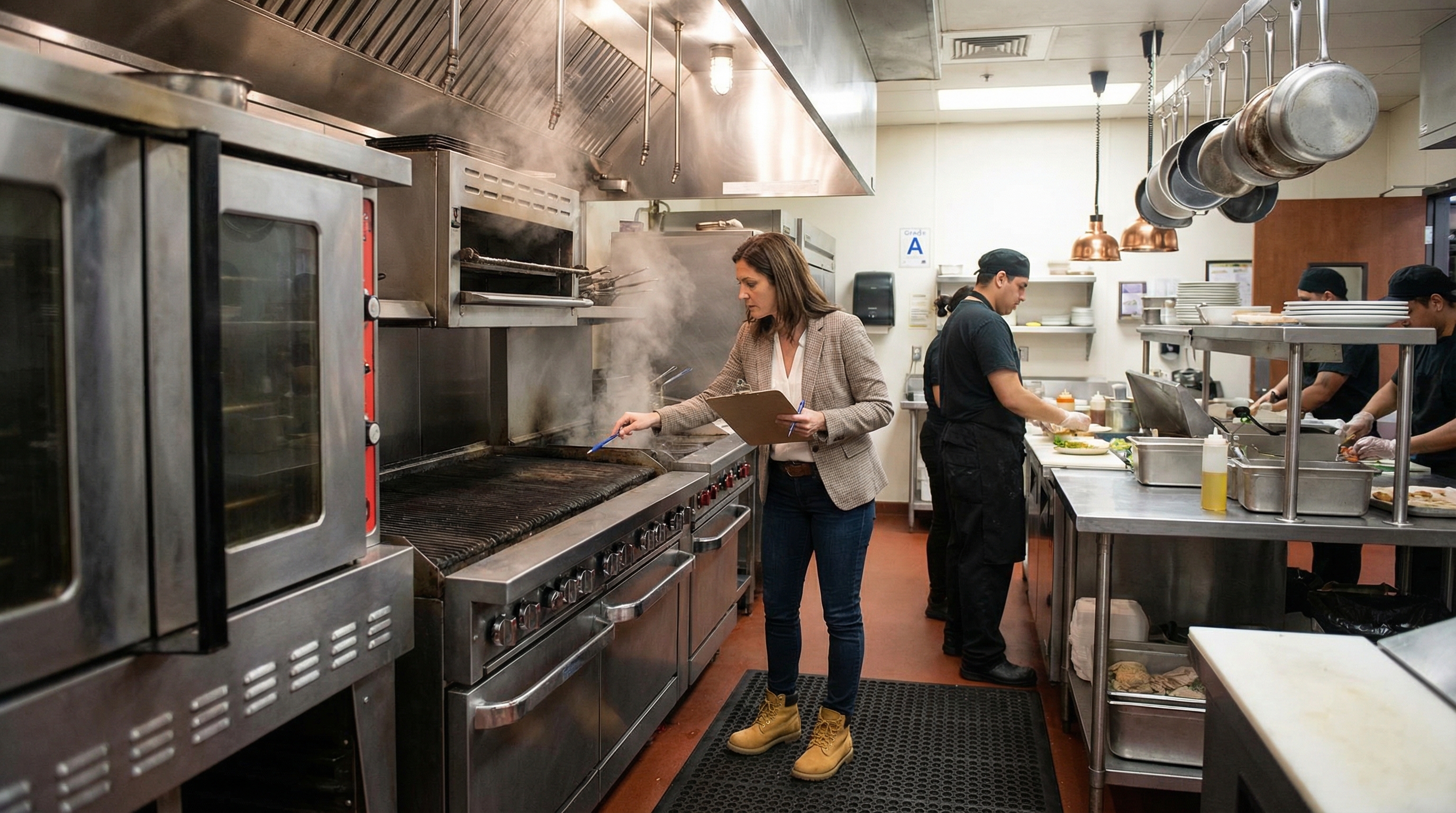 Restaurant kitchen with professional equipment including ovens, grills, and prep stations being inspected by an appraiser with clipboard