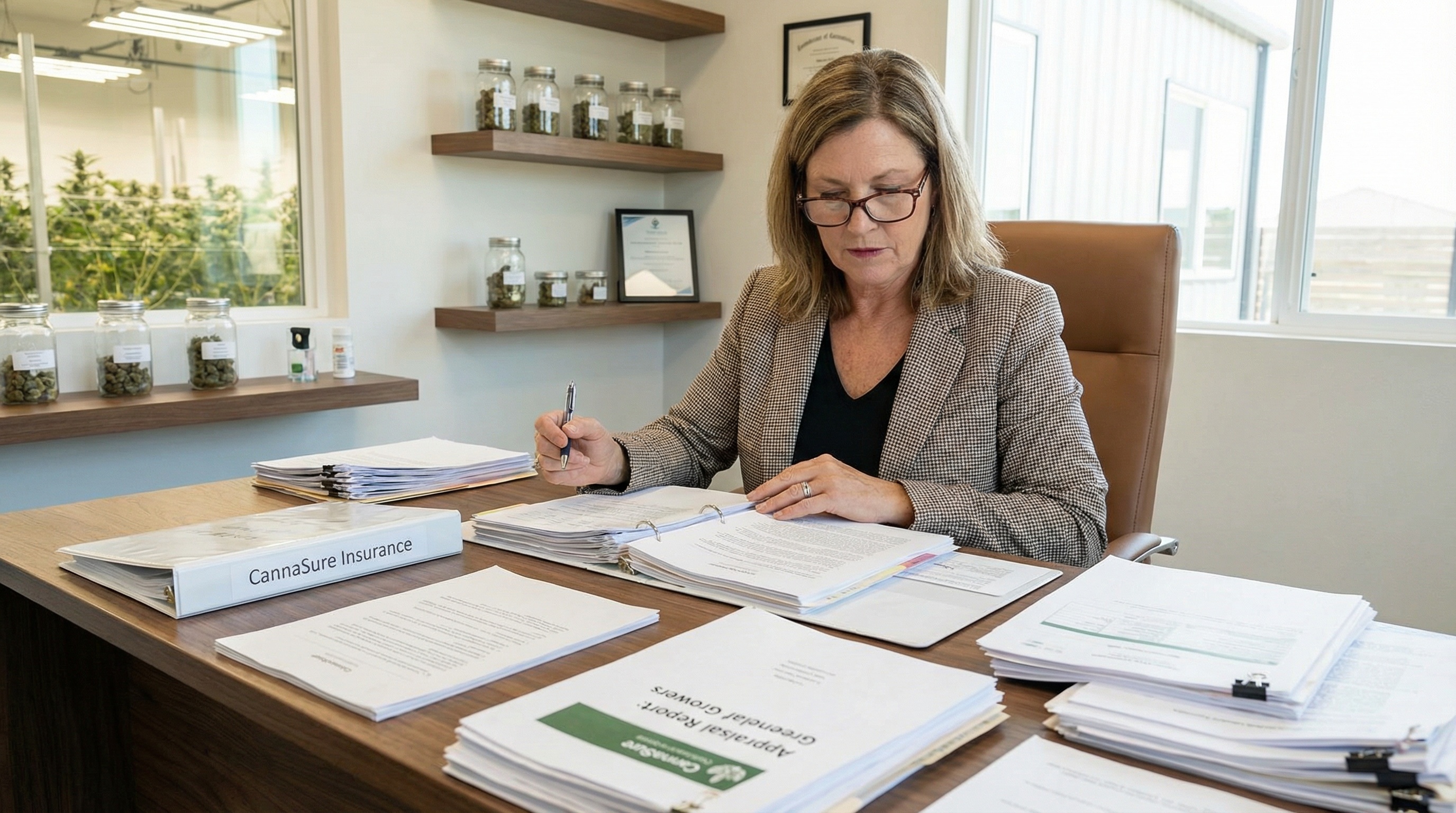 Cannabis business owner reviewing insurance documents and appraisal reports