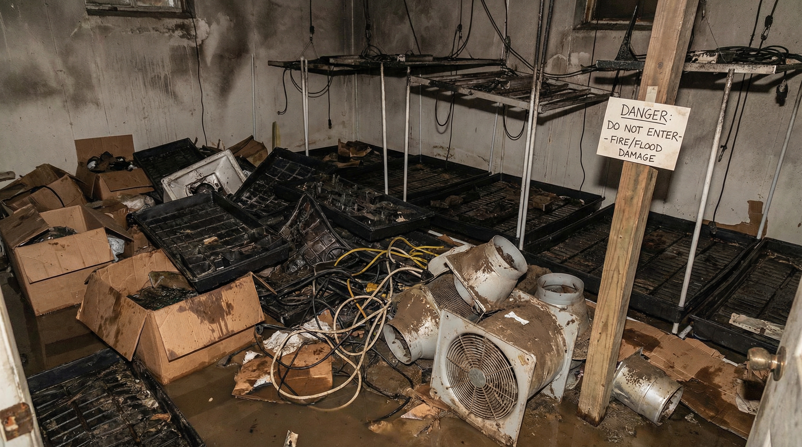 Damaged cannabis growing equipment after fire or flood