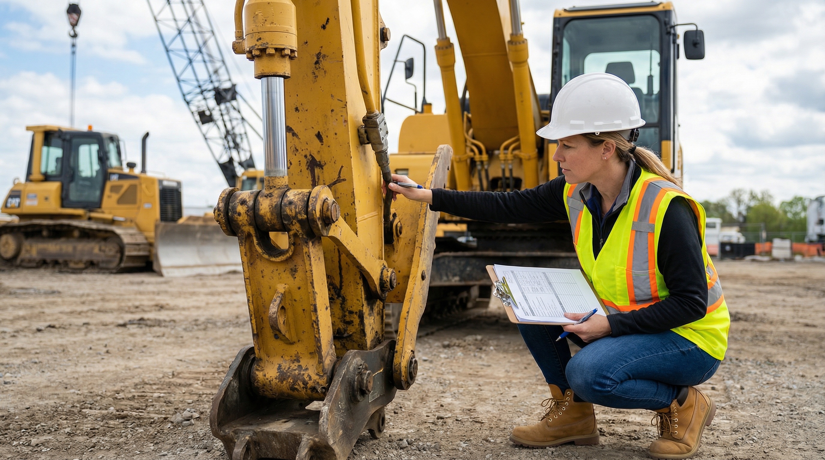 Certified appraiser examining construction equipment with clipboard and measuring tools