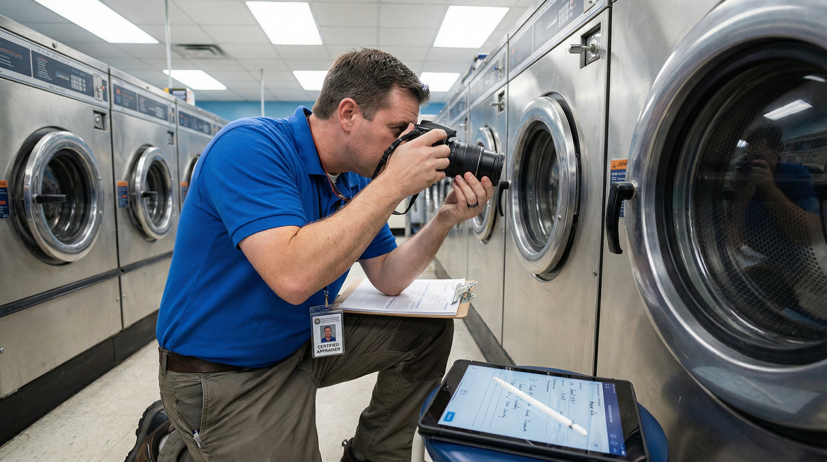 certified appraiser taking detailed photos and notes of commercial washing machines